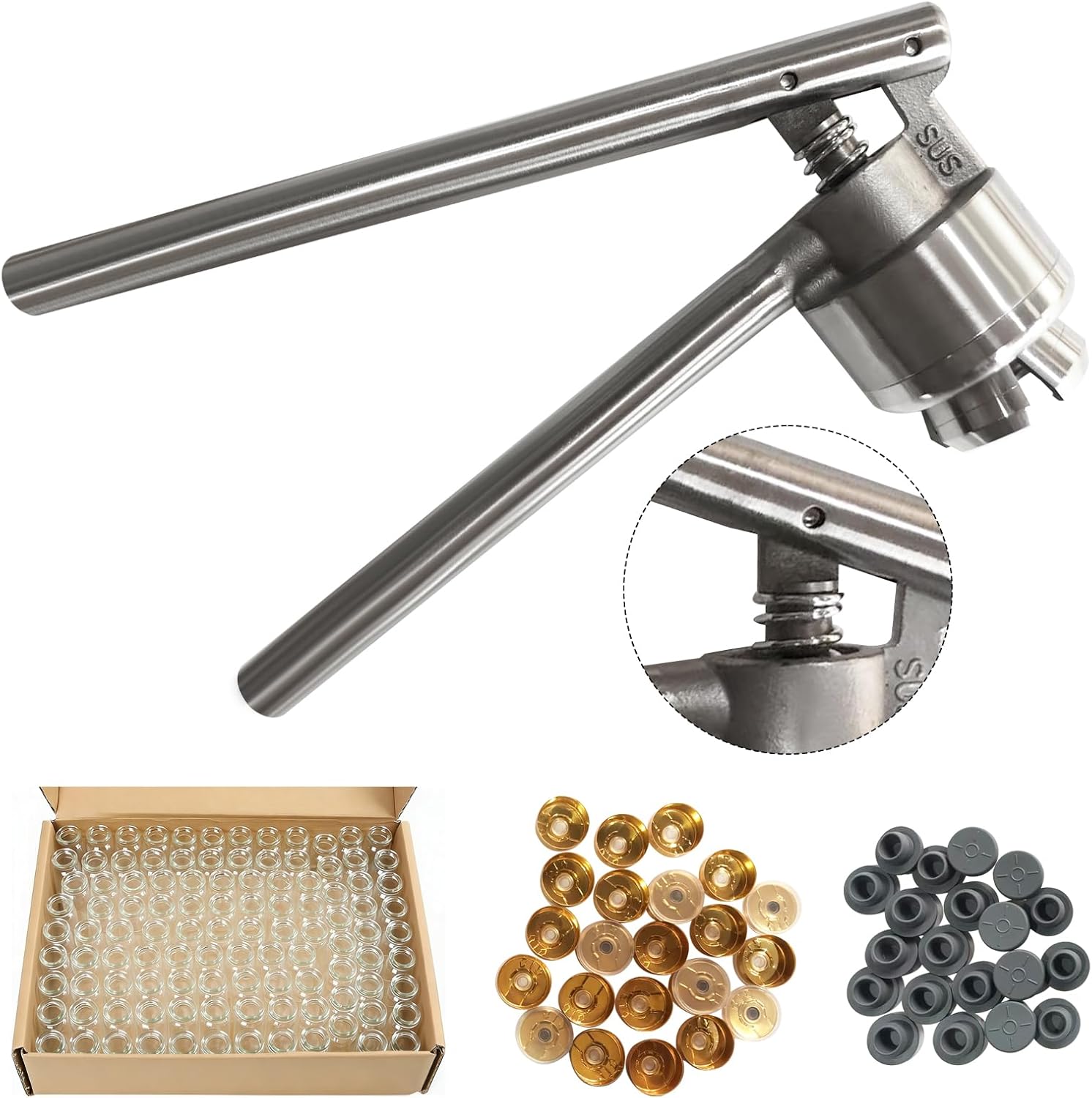 YaeTek 20mm Vial Manual Crimper - Hand Sealing Machine W/100 PCS Vials + Stoppers + Caps, Handheld Cap Crimping Tool Antibiotics Bottle Capper Medical bottle capping Machine