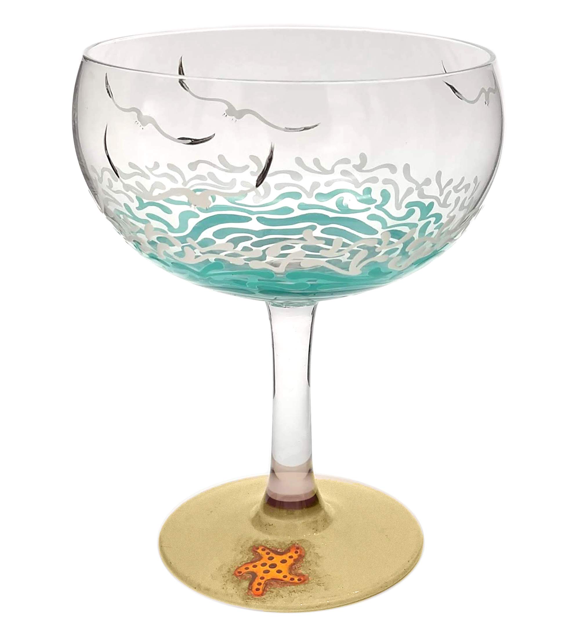 Beach Themed Margarita Glass - Hand Painted - 16.75 oz - Waves, Seagulls, Sparkly Sand, Sea Shell, Starfish - Personalized