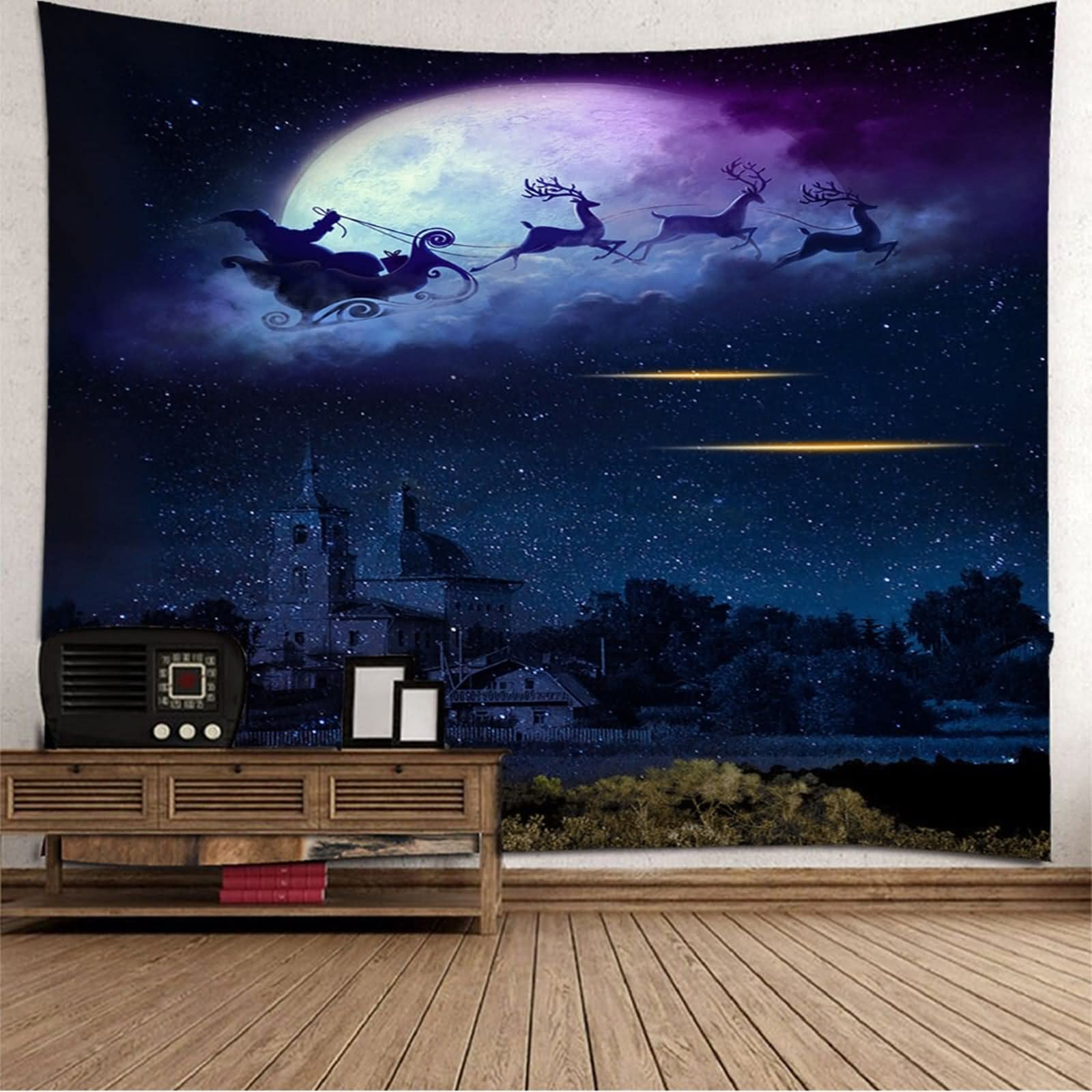 Wandbehang Weihnachten, Wandbehang Wohnzimmer Weihnachtsmann Elchschlittennacht Dunkelblau Polyester 350X256cm