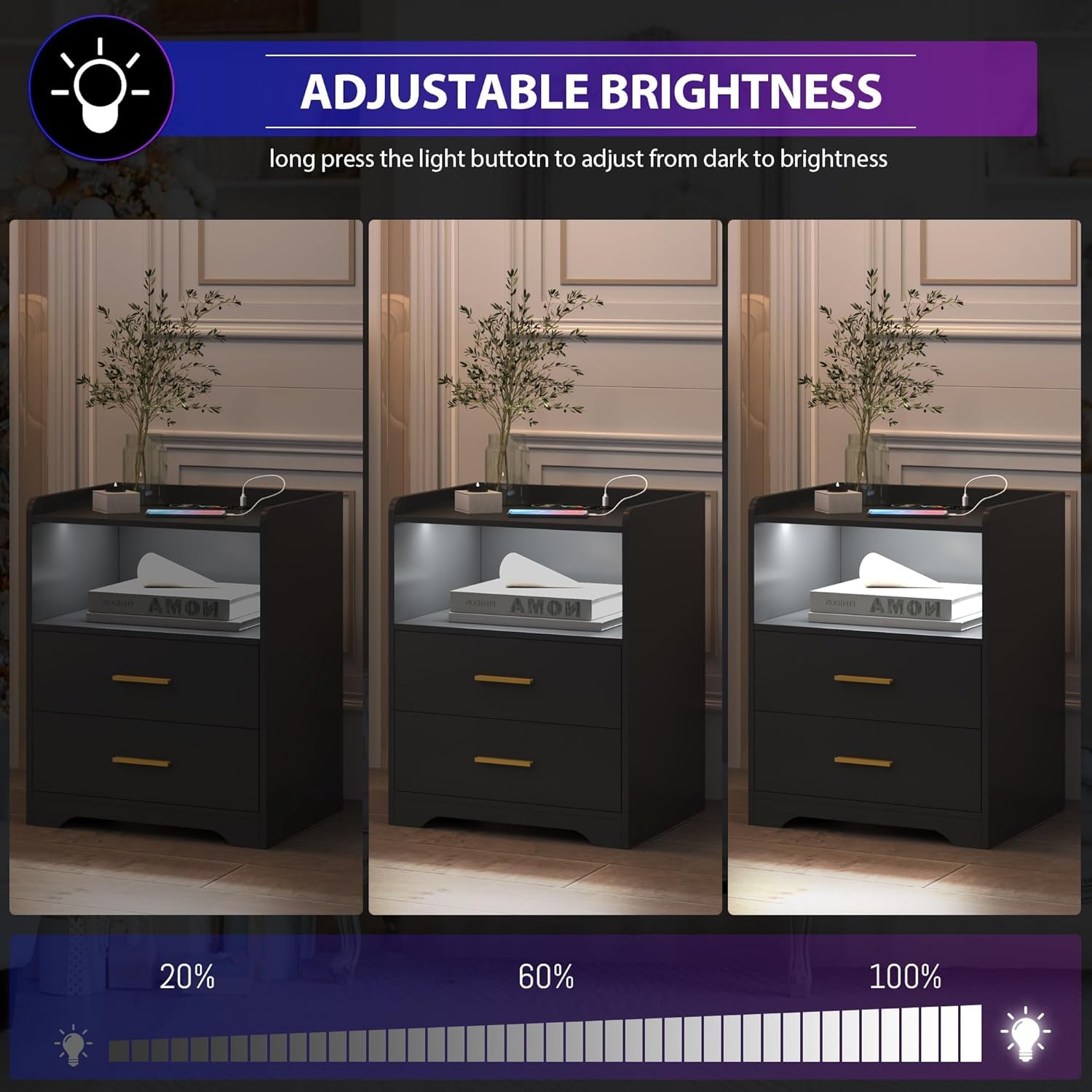 dnbss Black Nightstand Set of 2 with Charging Station, LED Night Stands with 24-Color RGB Lights, Smart Lighted Bedside Table with 2 Drawers, Modern Nightstand for Bedroom