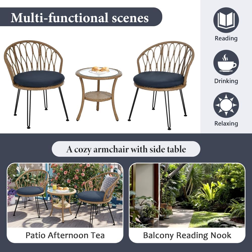 Outdoor Rattan Patio Set with Glass Round Table and 2 Chairs - Ideal for Balcony, Garden, and Backyard
