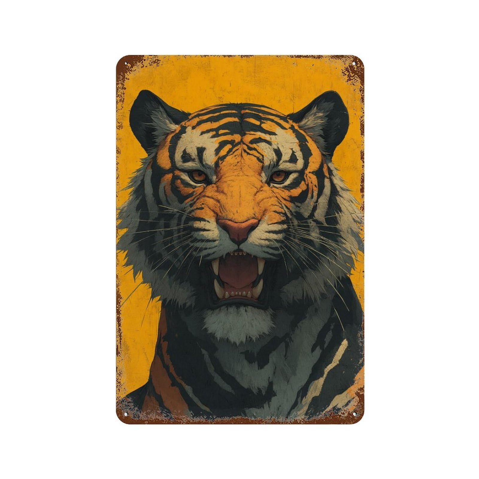 Garage Style Roaring Tiger Portrait Rusty Metal Tin Sign 11.8"x7.9", Classic Wall Plaque for Bar And Workshop