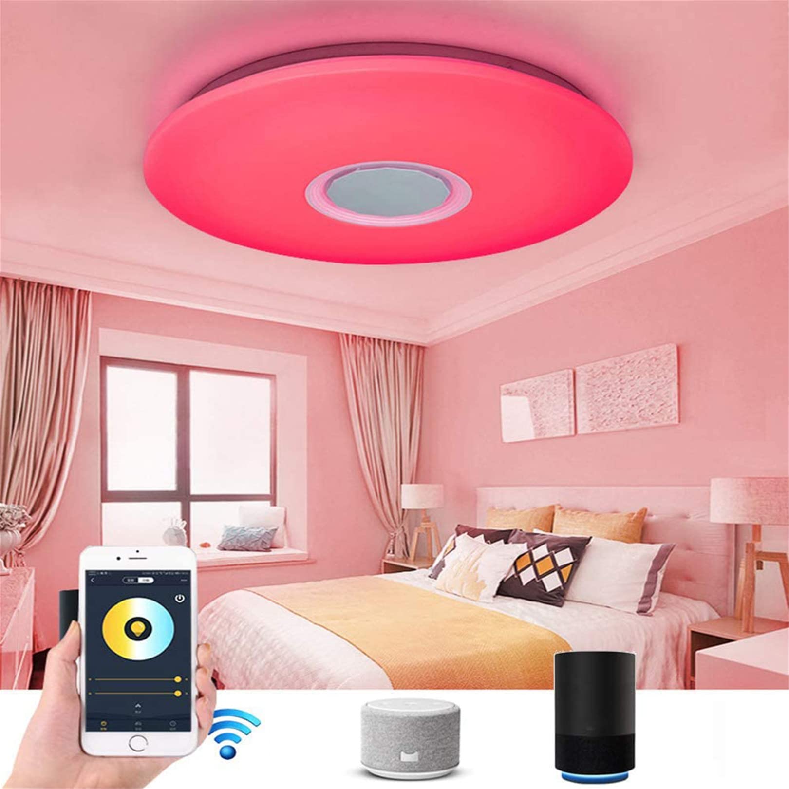 WiFi Round LED Music Ceiling Light with Smart Alexa, 36W Dimmable RGB Color Living Room Ceiling Lamp with Bluetooth Speaker & Remote Control for Kitchen, Bedroom, Party,50CM