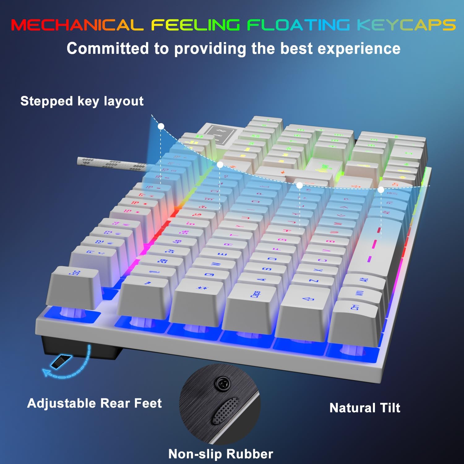 BlueFinger RGB Gaming Keyboard and Backlit Mouse and Headset Combo, USB Wired Backlit Keyboard, LED Gaming Mouse Set, Headset with Microphone for Laptop PC Computer Game and Work, White