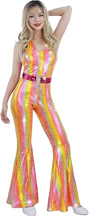 Nawgut Conjunto De Discoteca De Los 70 Y 80, Mono De Resplandecimiento Y Volantes Para Fiesta De Graduación, Disfraz De Halloween Y Cosplay Para Mujeres Adultas, Negro, Pequeña