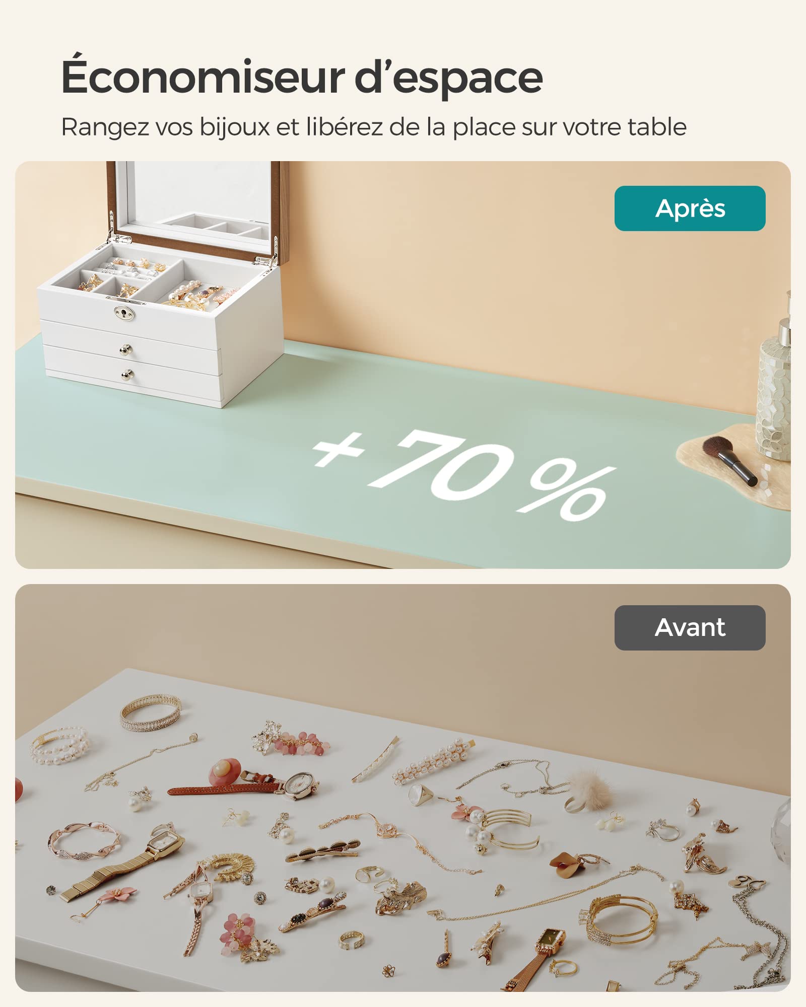 SONGMICS Boîte à Bijoux à 3 Niveaux, Rangement à Bijoux en Bois d'Ingénierie, Coffret à Bijoux avec Tiroirs, pour Bagues, Boucles d’Oreilles, Bracelets, Colliers, Blanc JOW15WN