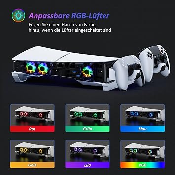 NexiGo PS5 Slim Horizontal Stand with Charging Station for PS5 and Edge Controllers Silent Enhanced RGB Cooling Fan with Temperature Control LED Indicator Compatible with PS5 Slim White