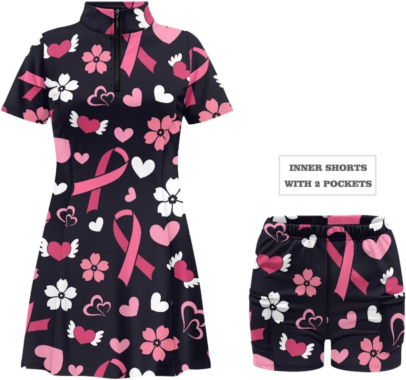 Short Sleeve Athletic Dress Womens Zipper Tennis Dress with Built in Shorts Golf Athletic Outfits Dresses