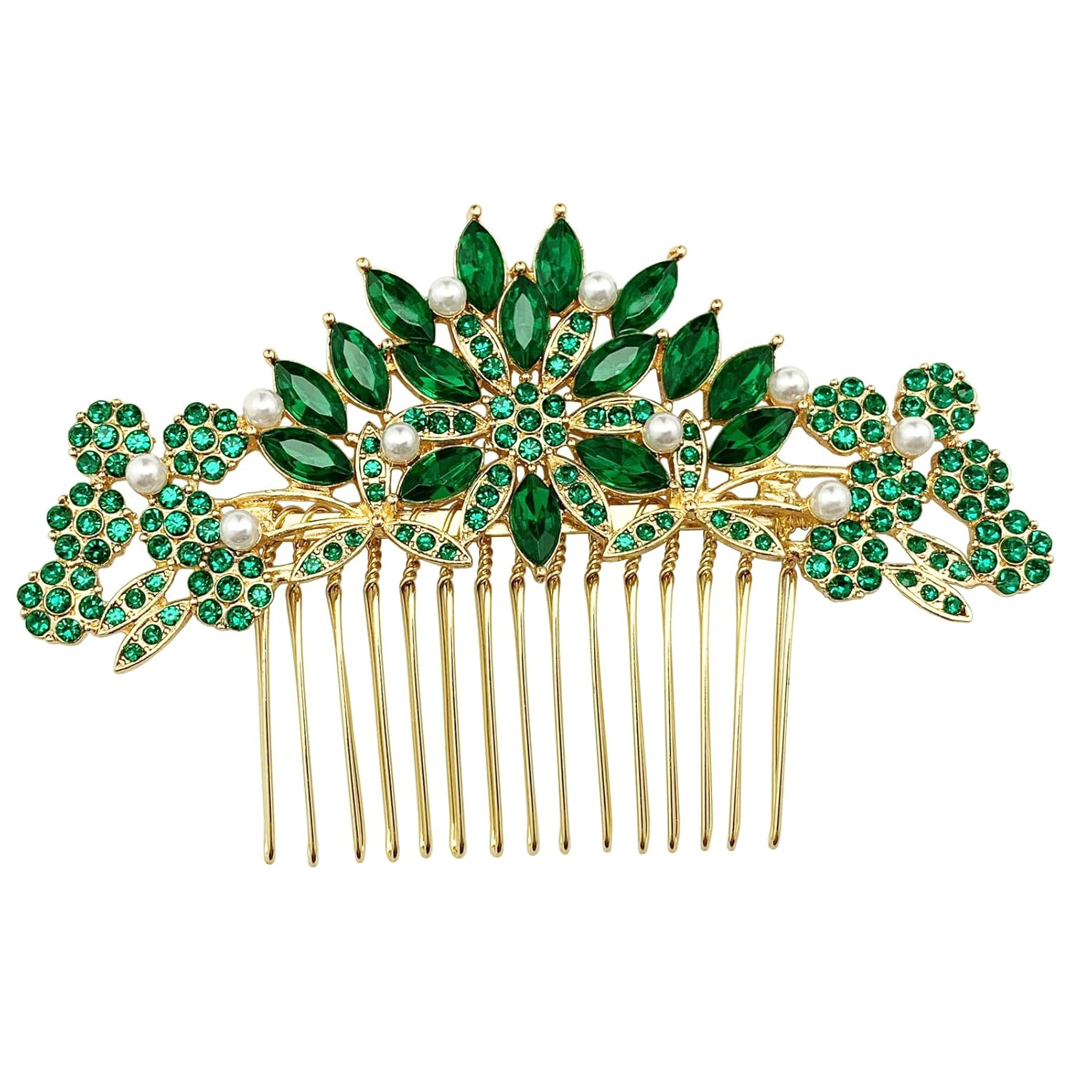 BETITETO Crystal Wedding Hair Comb Bridal Pearl Rhinestone Gold Headpiece Hair Accessories for Women Girls (Emerald Green) - Image 4