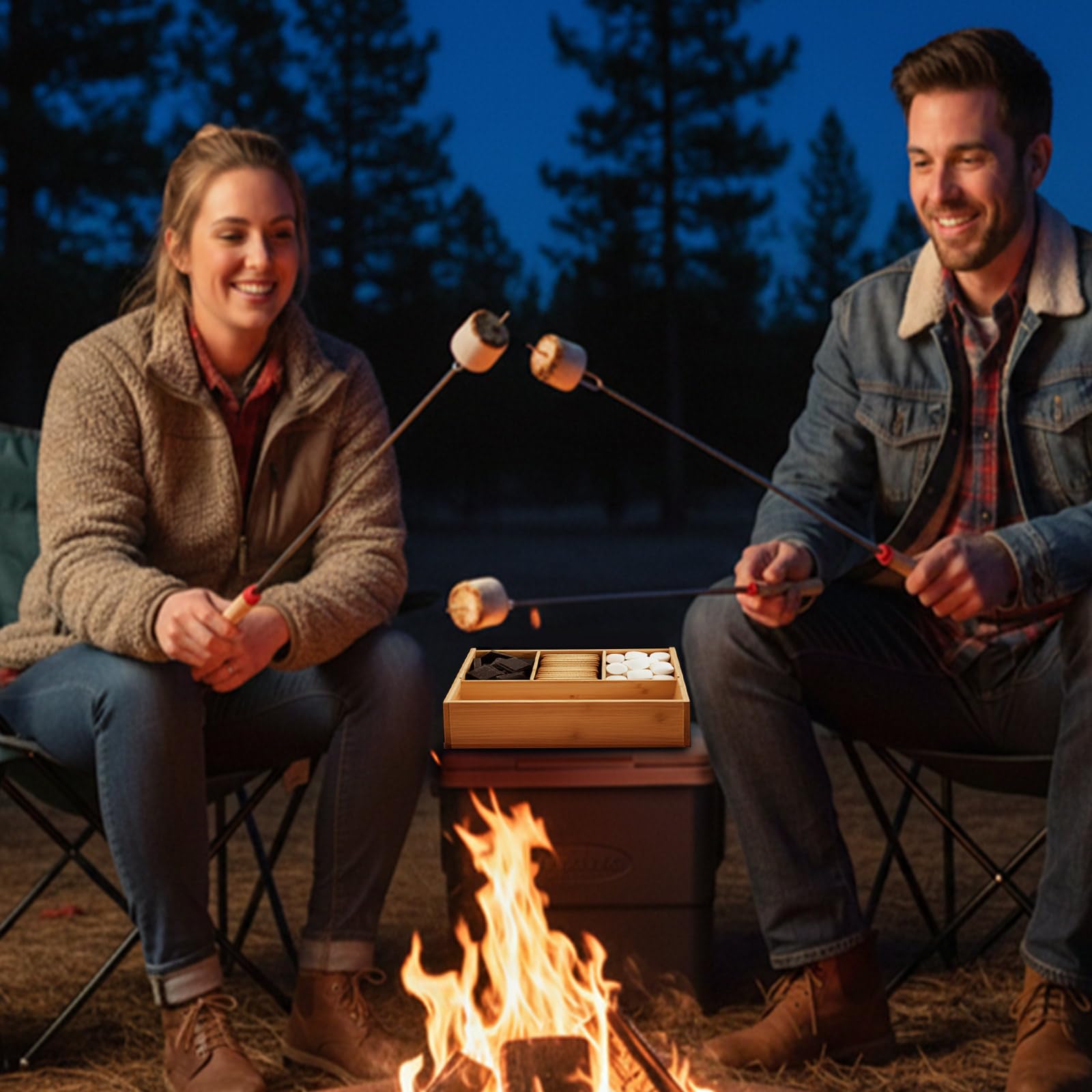 LemonRoad Smores Kits, caja de bambú S'mores Kit con tapa, 6 varillas extensibles para asar y bolsa de transporte, juego de utensilios de cocina portátiles de camping para fiesta de picnic al aire