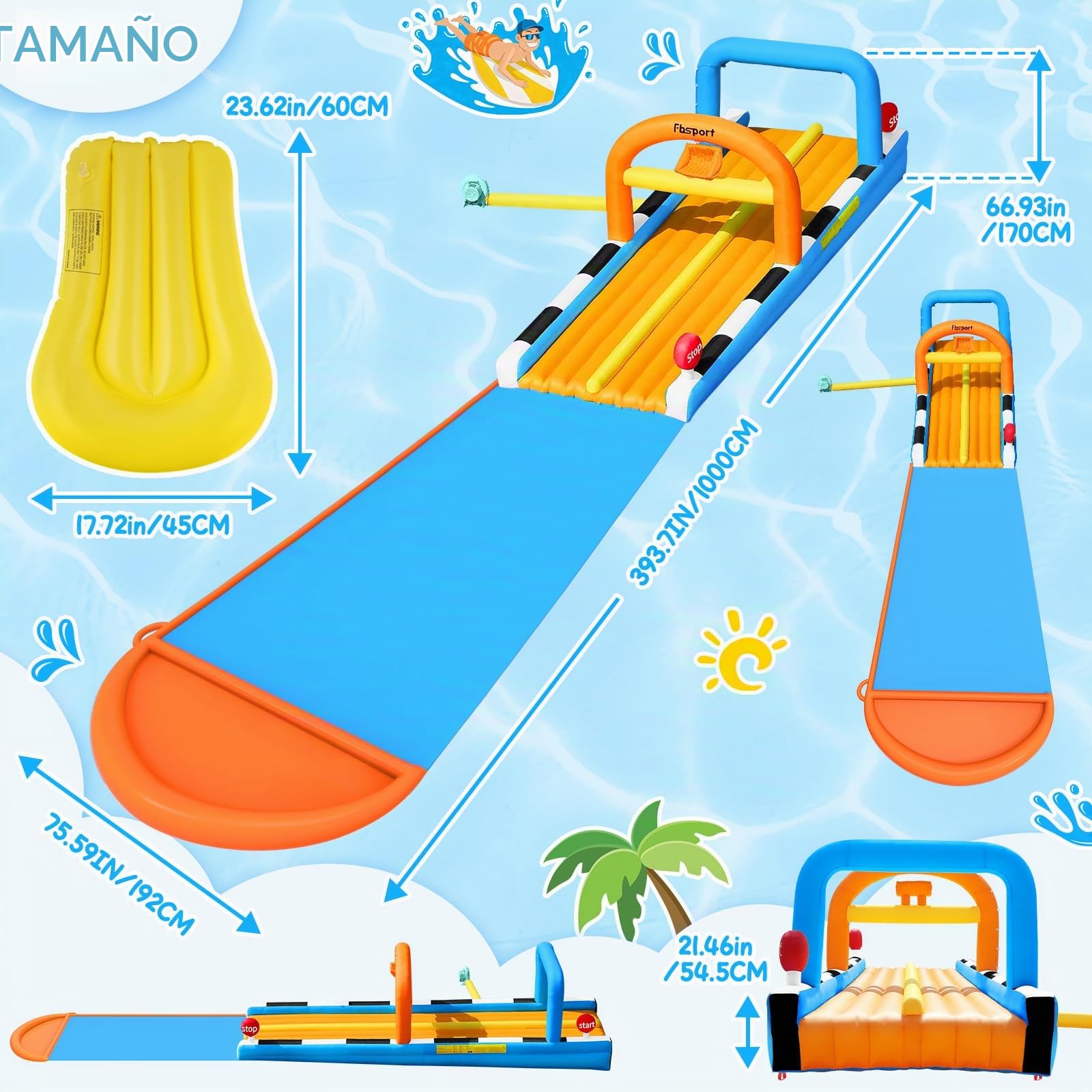 FBSPORT 10M Castillo Hinchable para Niños, Tobogán Acuático de 2 Carriles, Parque Acuático Hinchable para Jardín con Aspersores y 2 Tablas, Juguete de Verano Infantil