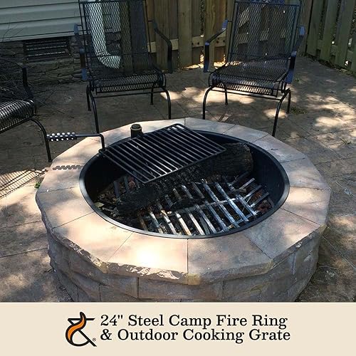 Miniatura 2 de Ash & Ember - Anillo de acero para hoguera de 24 pulgadas con rejilla de cocción, rejilla giratoria de 15.5 x 19.5 pulgadas con mango de resorte,