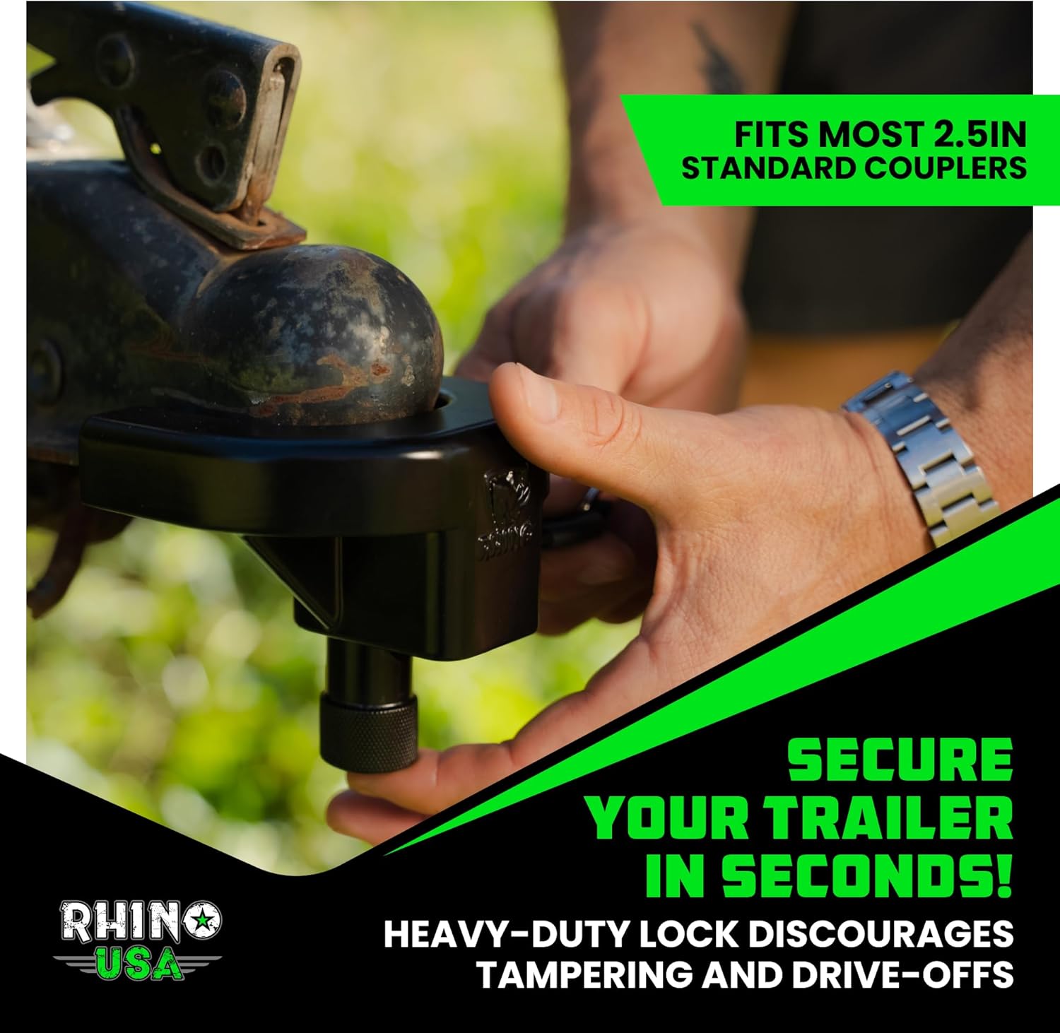 Rhino USA Trailer Hitch Lock Kit (for 2-5/16" Trailers) Heavy Duty Anti Theft Trailer Coupler Locks for RV, Camper, Trailer, Boat, Caravan - Reinforced Solid Steel Tow Lock for Trailer Tongue