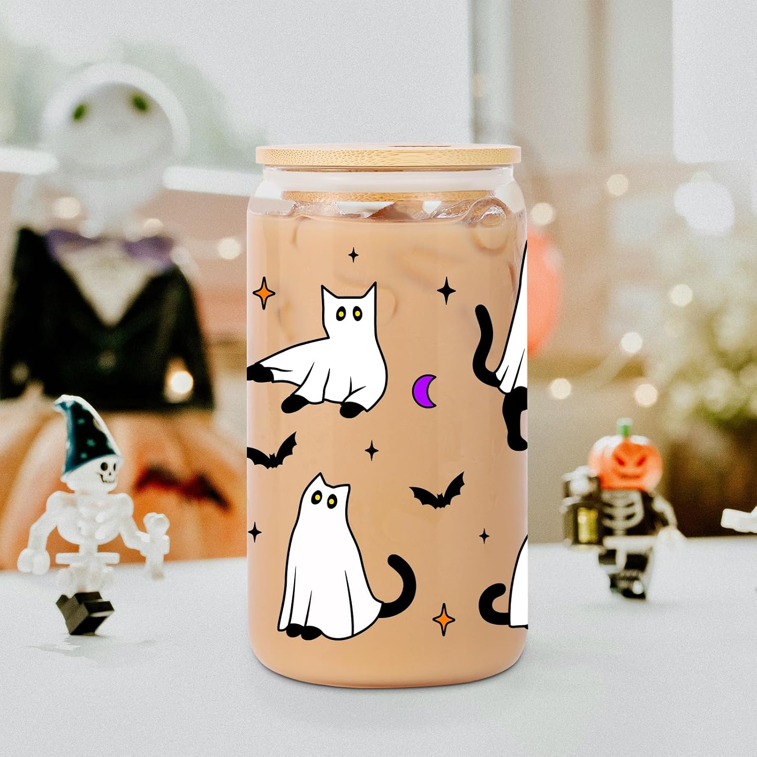 Cute Halloween Ghost Cat Iced Coffee Cup, 16oz Glass Tumbler with Lid and Straw, Boo Basket Stuffers for Women, Men, Teens, Spooky Gifts for Cat Lovers