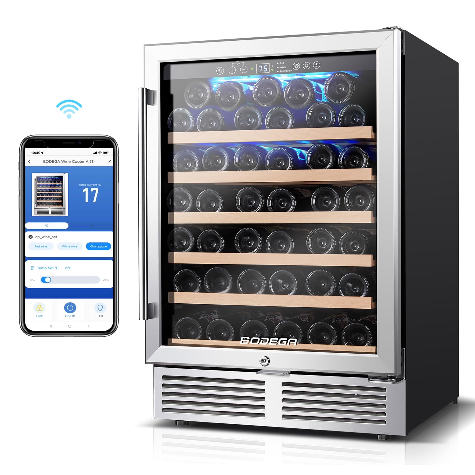 BODEGA 24 Inch Single Zone Wine Fridge with App Control, Holds 52 Bottles