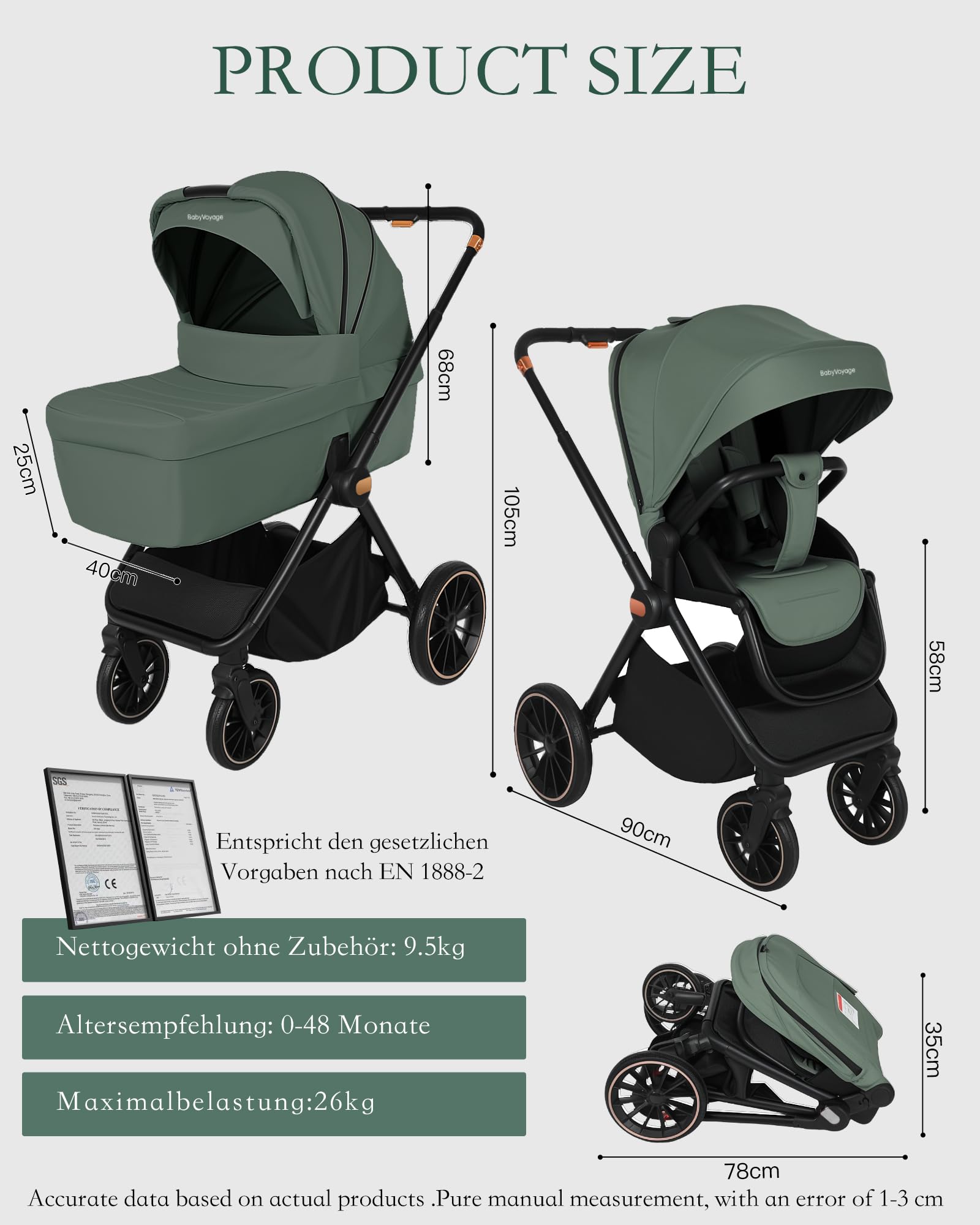 Kinderwagen Buggy 2 in 1 0-48 Monate Aluminiumlegierung Vollfederung 5-Punkt-Sicherheitsgurt Zusammenklappbar Grün