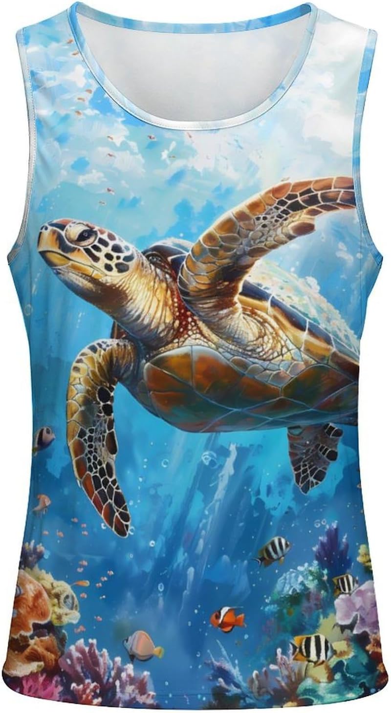 Sea Turtle Swimming Underwater Ocean Landscape Men's Tank Top Sleeveless Muscle Shirts Vest Beach T Shirts for Workout Gym