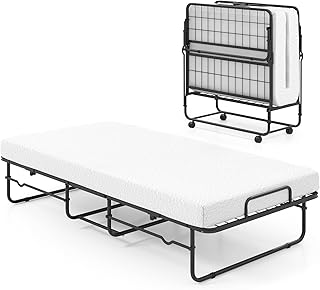 RELAX4LIFE Folding Bed with 10cm Thick Memory Foam Mattress, Portable Rollaway Guest Bed with 4 Rolling Wheels, Metal Frame Single Fold up Sleeper for Home Office Camping