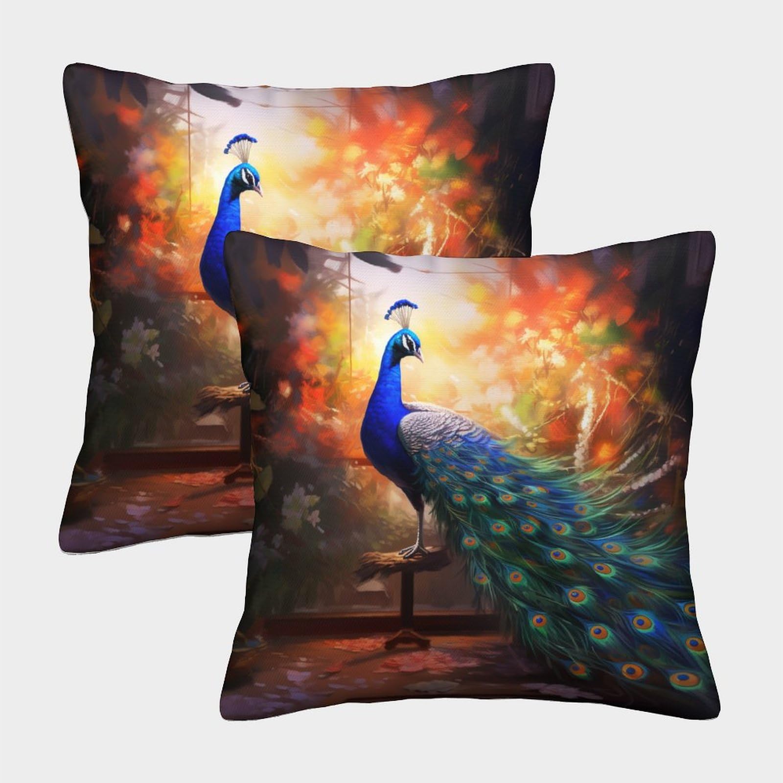 Mefese Peacock-1 3D Printed Peacock Throw Pillow Covers Beautiful Peacock Pillow Case Cushion Garden Cushion Super Soft Pack Of 2 For Sofa Couch Bed 45X45cm