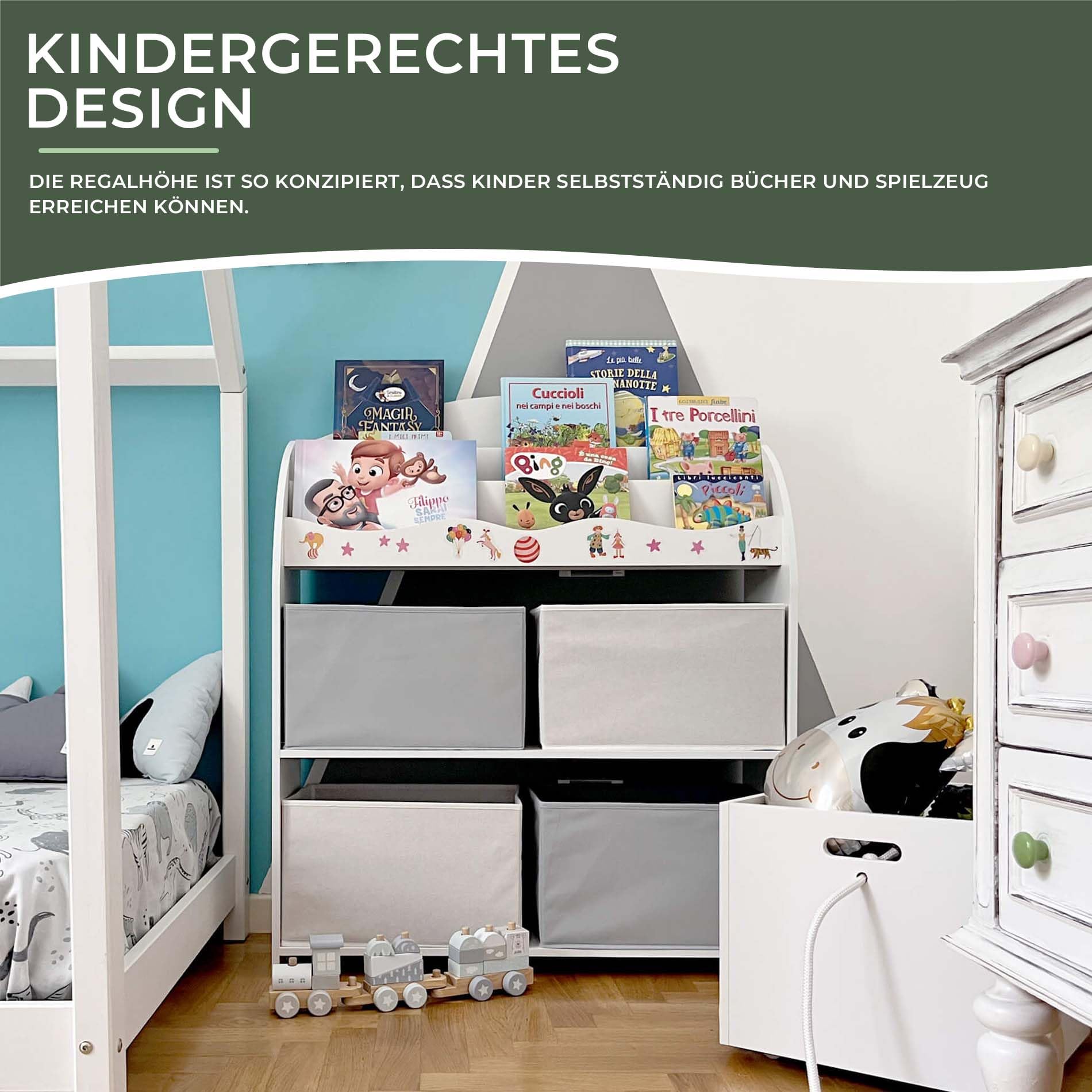 Rebecca Mobili Spielzeugregal, Kinderspielzeugregal, Weiß Grau, MDF TNT, Mit 4 Körben, Für Kinderzimmer - Maße HxBxT: 97,5 x 82,5 x 29,5 cm - Art. RE6846