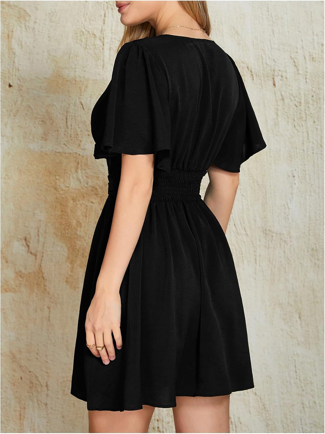 Milumia Women's Summer Casual Wrap V Neck Short Sleeve Dress Ruched A Line Flare Flowy Swing Short Dresses - Image 2