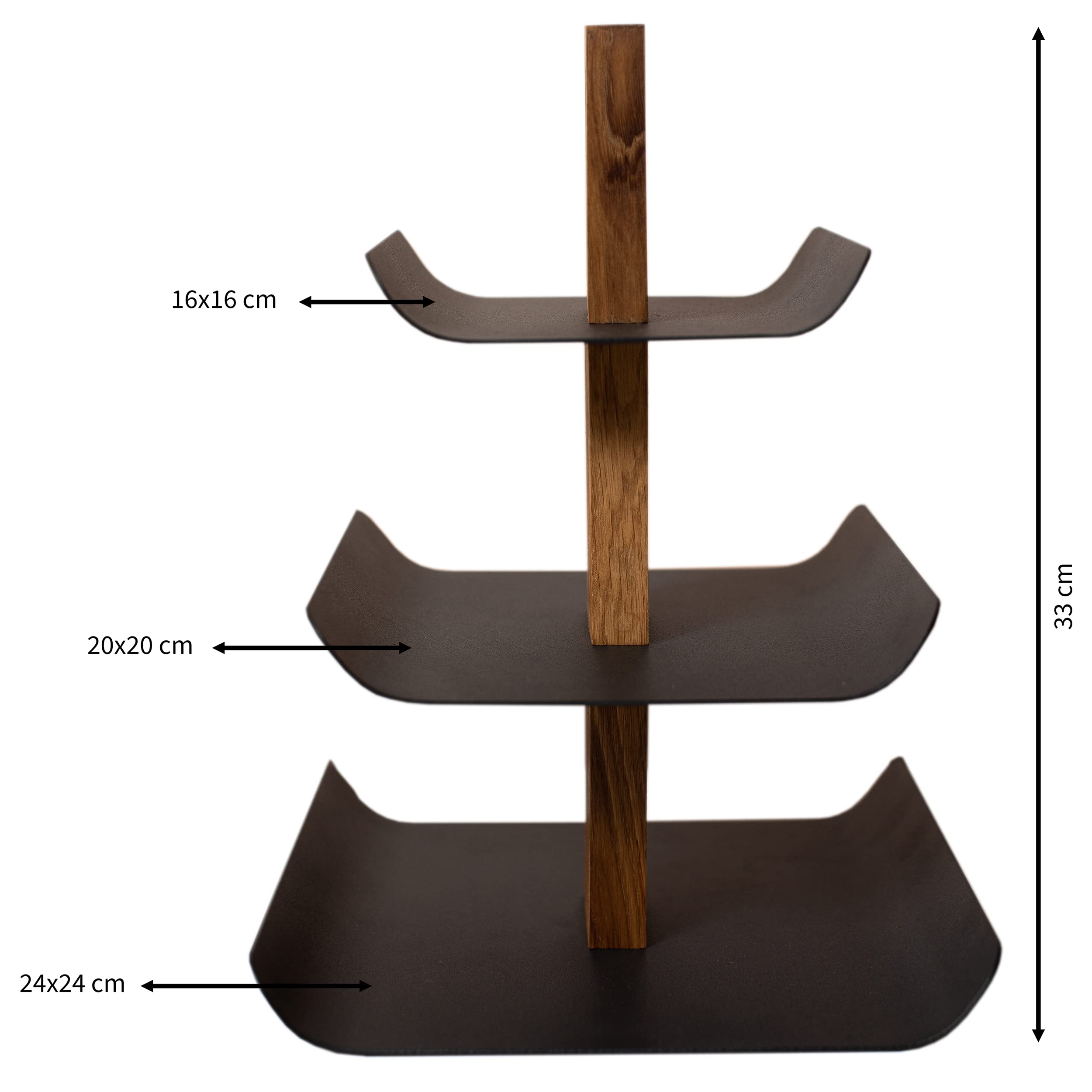 B4K® Présentoir à 3 Étages en Bois de Chêne et Métal – Bol à Fruits et Plateau de Service Élégant 2-en-1, Idéal pour Fruits, Gâteaux, Bonbons, Pain et Snacks (33 x 24 cm)