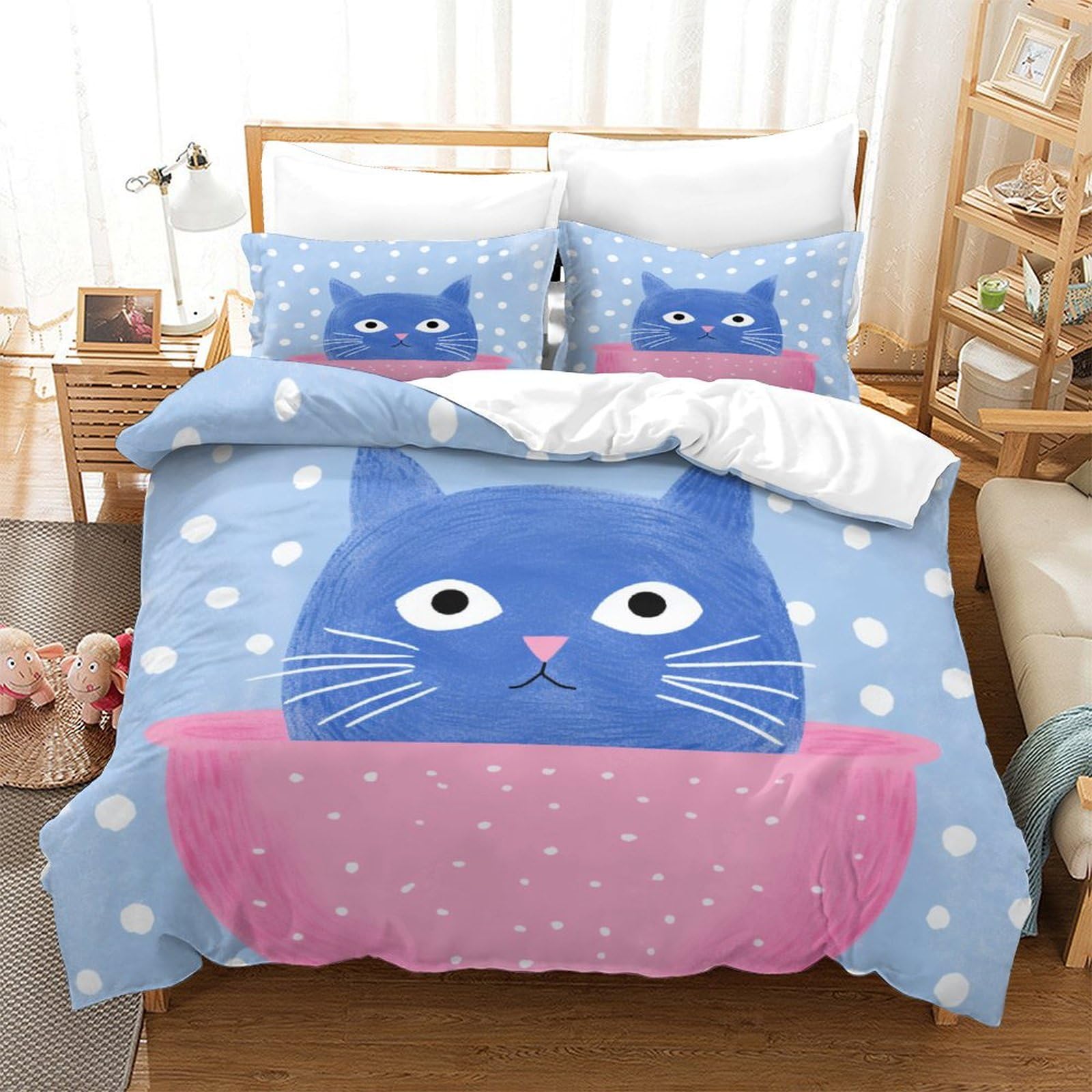 P1S9U7W5Y Cute Cat 3D Printed Duvet Cover Set 3pcs Microfiber Cartoon Bedding Set King