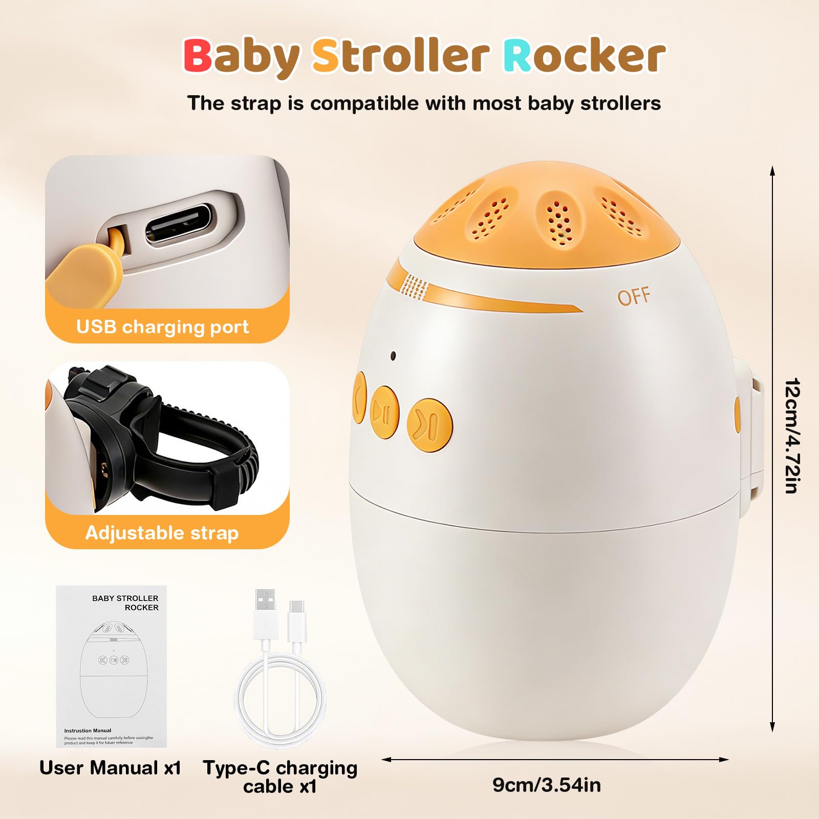 Berceur bébé Rechargeable avec Minuterie 45 Min, Portable Aide au Sommeil de Bébé Berce pour Toute Poussette Cane nacelle Landau, Vitesse Réglable