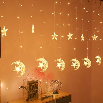 Christmas Window Lights Decorations Moons Star Curtain String Lights Plug in with 8 Flashing Modes Decoration for Christmas Bedroom Wall Wedding Outdoor Party Ramadan Decorations8.2ft