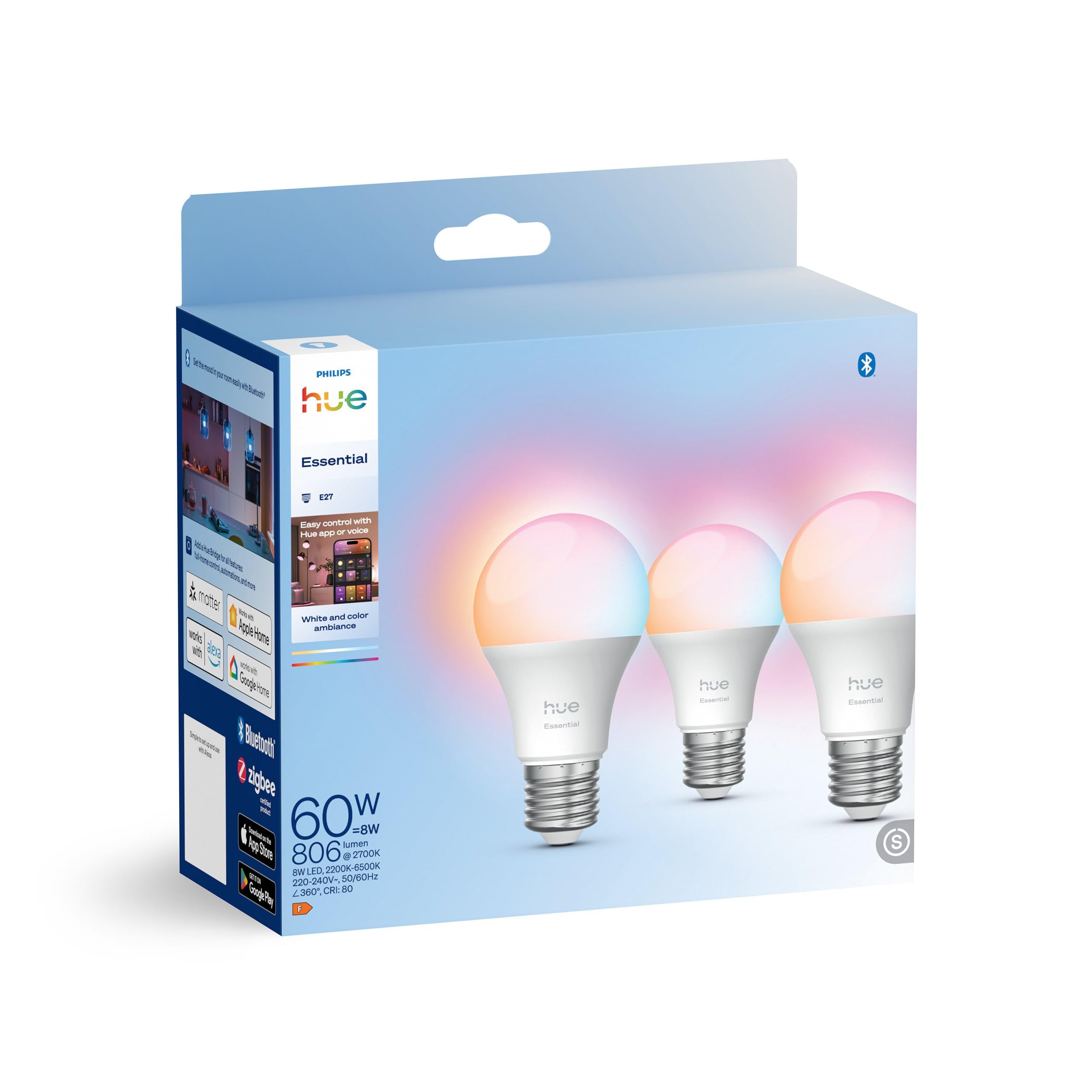 Philips Hue Essential E27 A60 żarówki 8 W, 3 szt