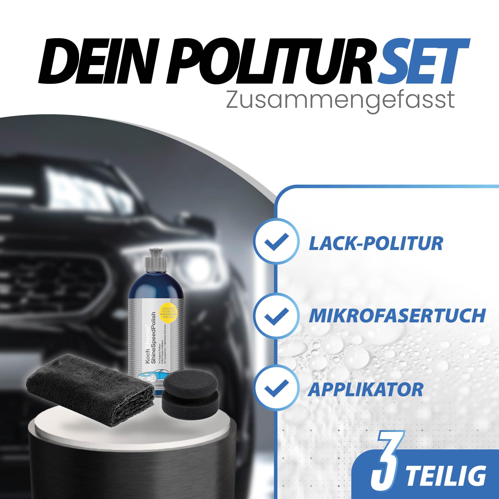 Autopolitur Set | Koch Chemie Shine Speed Polish 500ml für ein einzigartiges Hochglanz-Finish + Polierschwamm + Poliertuch | Auto Lack Politur geeignet für Handpolitur und Poliermaschine