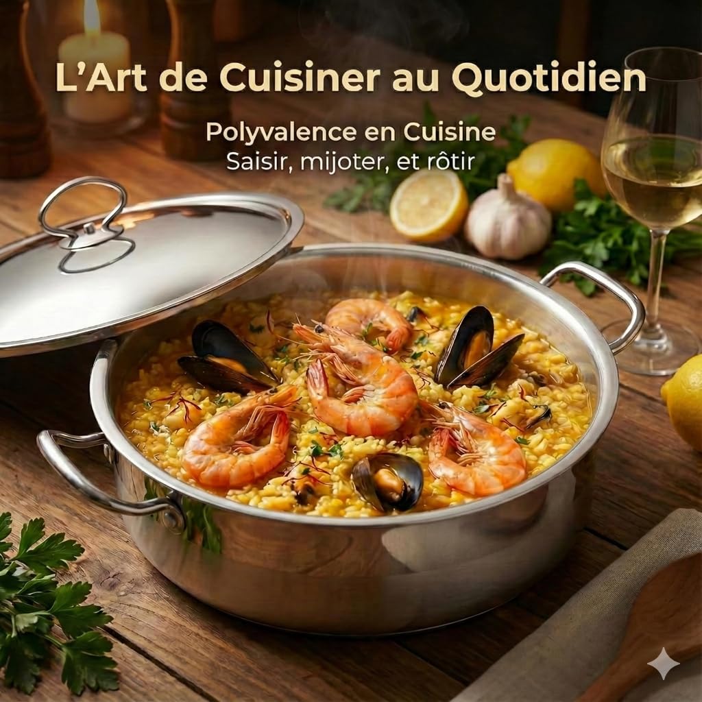 Format XXL - Marmite Basse en Acier Inox 25L - Faitout Professionnel Ø 45 cm avec Couvercle et Graduations Internes(Pour 20-30 Personnes) - Poignées Rivetées - Compatible Tous Feux dont Induction