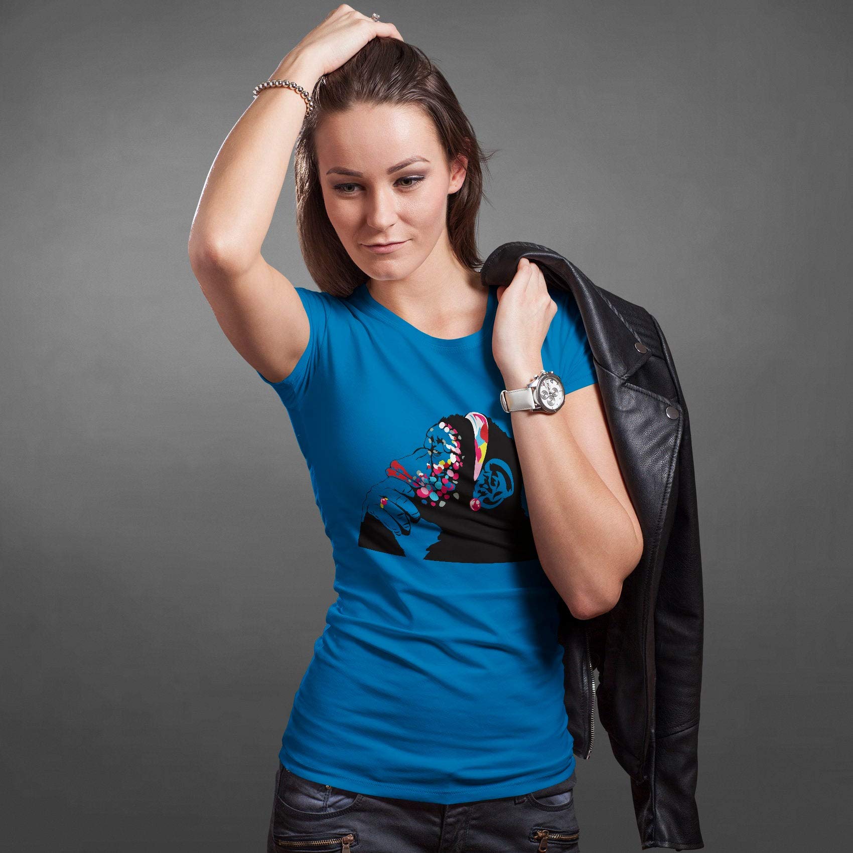 Banksy Monkey Art - Maglietta da donna con stampa divertente e simpatica maglietta con graffiti da strada – Top Thinking Birthday – T-shirt design con cuffie per la cameretta Rosso XL