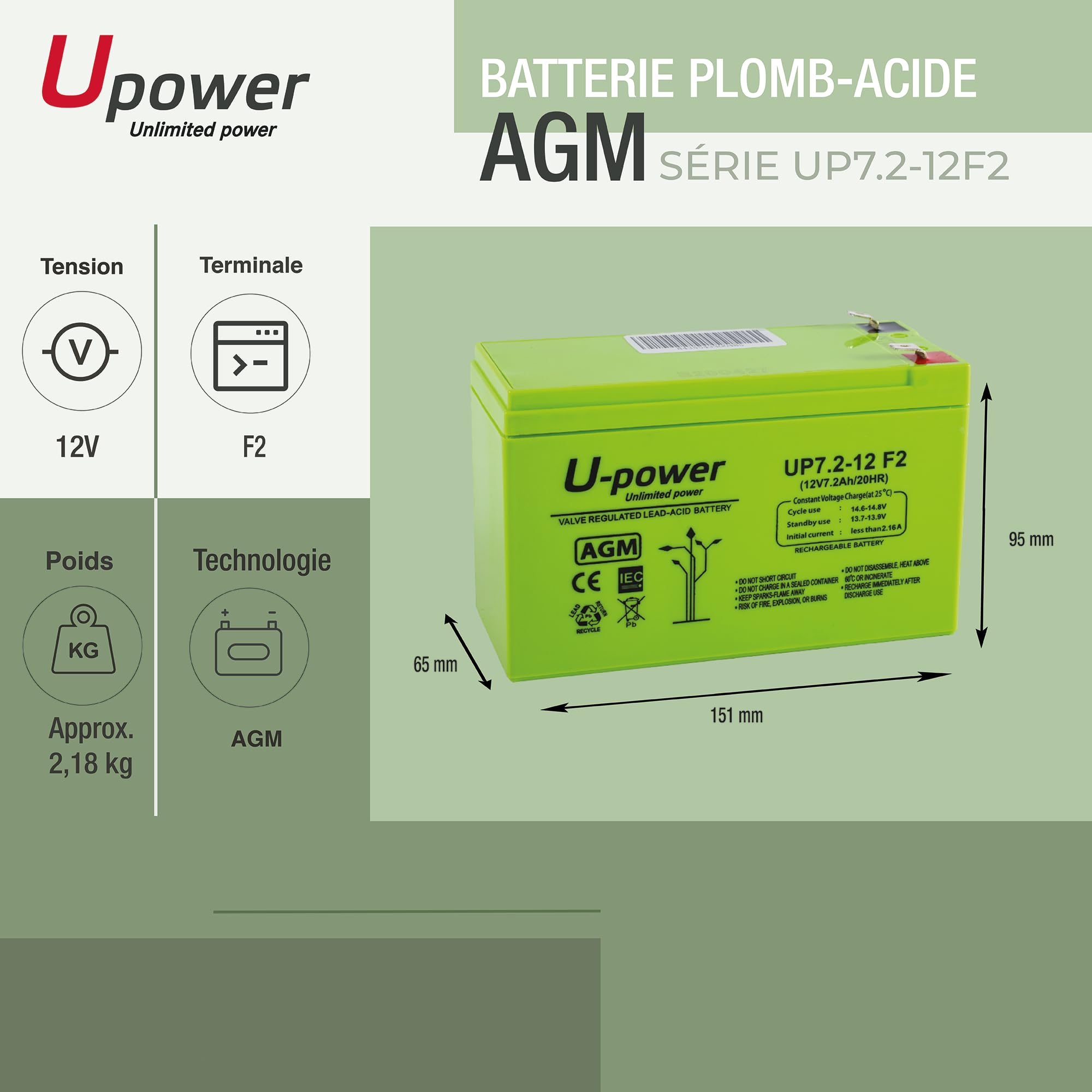 Batería U-Power Plomb AGM 12V 7.2Ah F2 6,3mm
