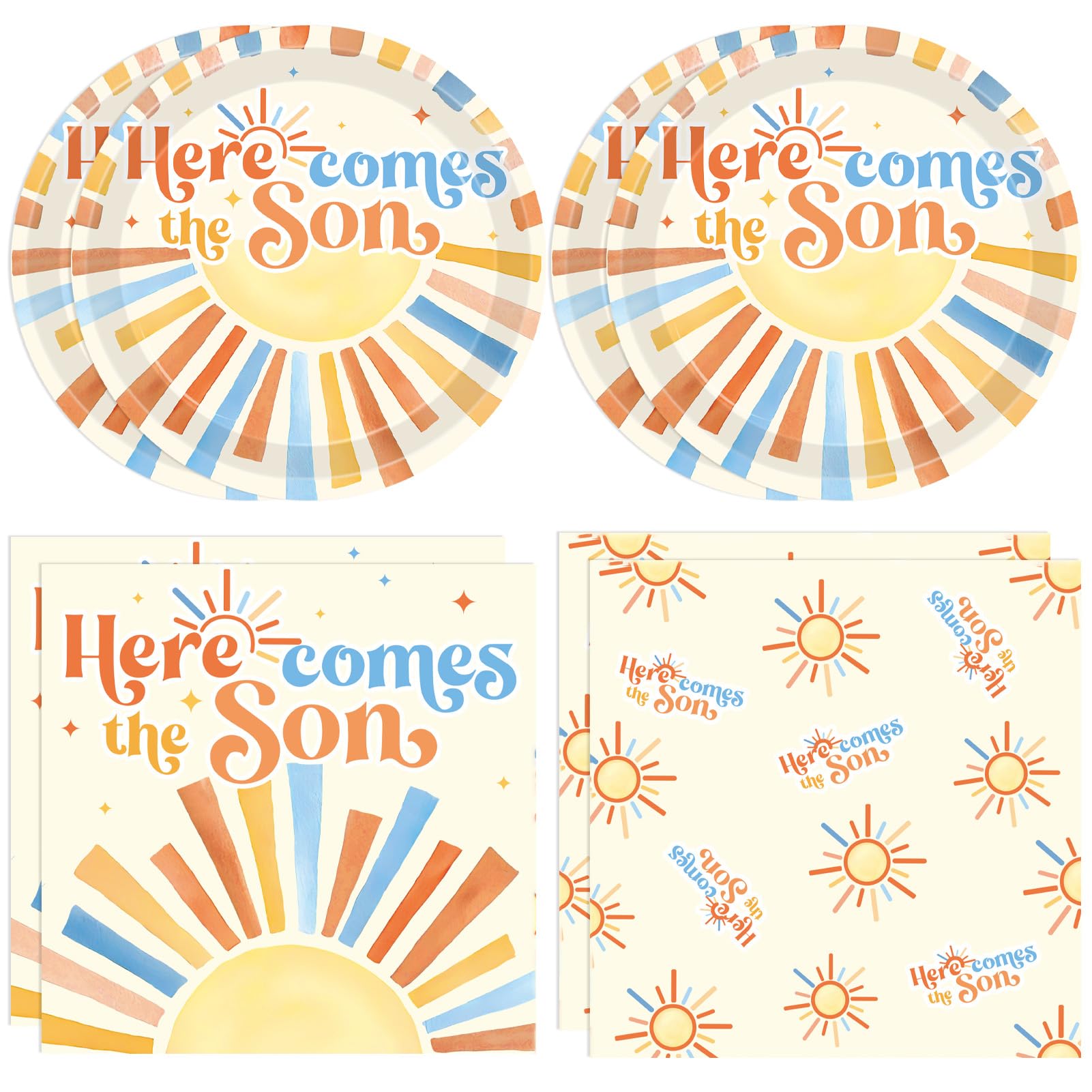 40 Pcs Here Comes the Son Baby Shower Decor,Boho Disposable Party Tableware Retro Sun Plates and Napkins Hippie Sunshine Party Decorations of Baby