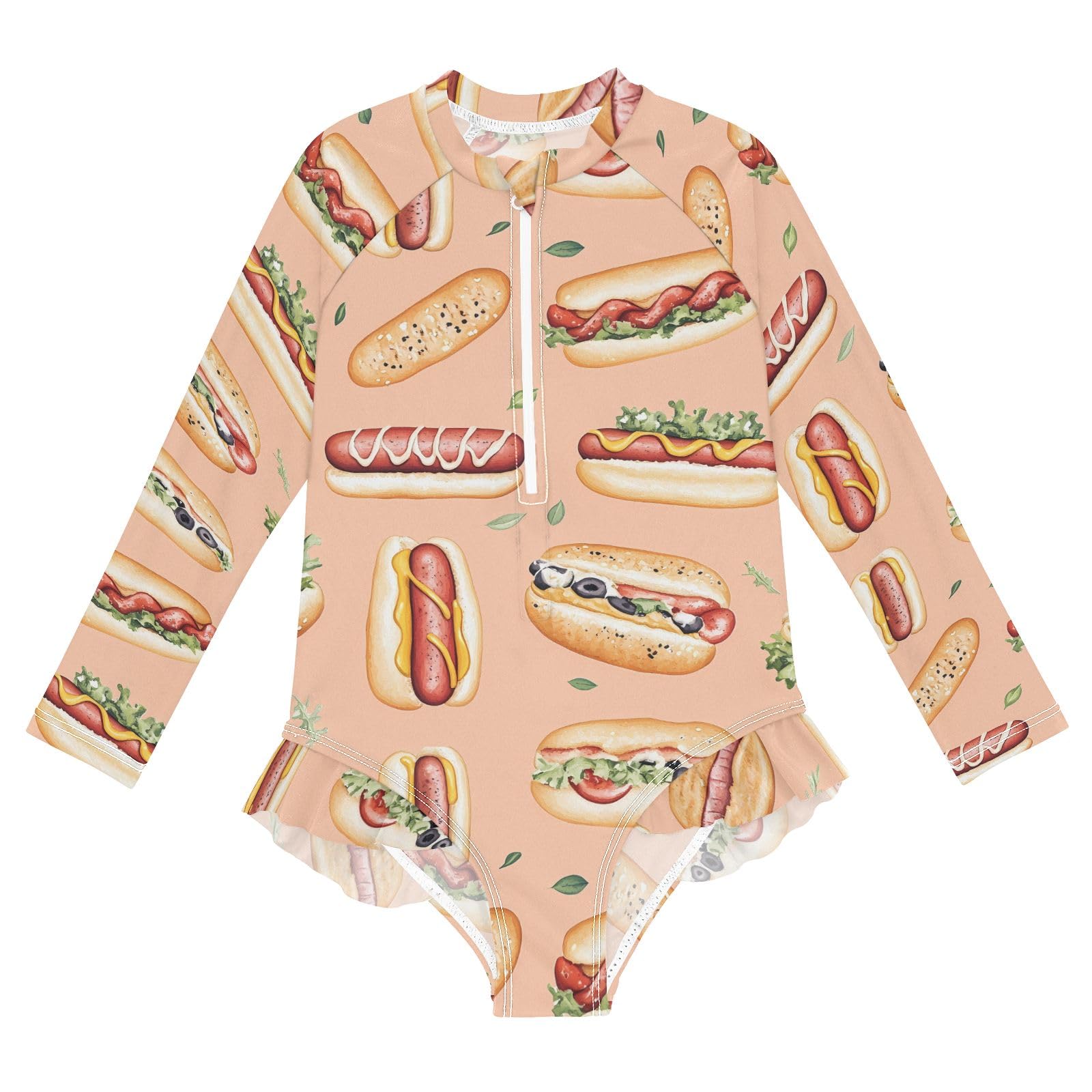 ALAZA Swimsuit for Girls Long Sleeve Rashguard Bathing Suit Hot Dog Cute Quick Dry 4T