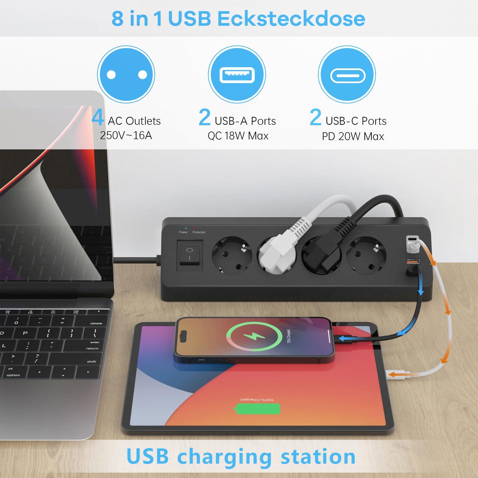 Prise d'angle 4 Compartiments avec USB C(PD 20W), SUDEERY multiprise 8 en 1 4 Prises USB Multiples avec Interrupteur, multiprise avec Protection Contre Les surtensions avec câble 2M pour la Cuisine