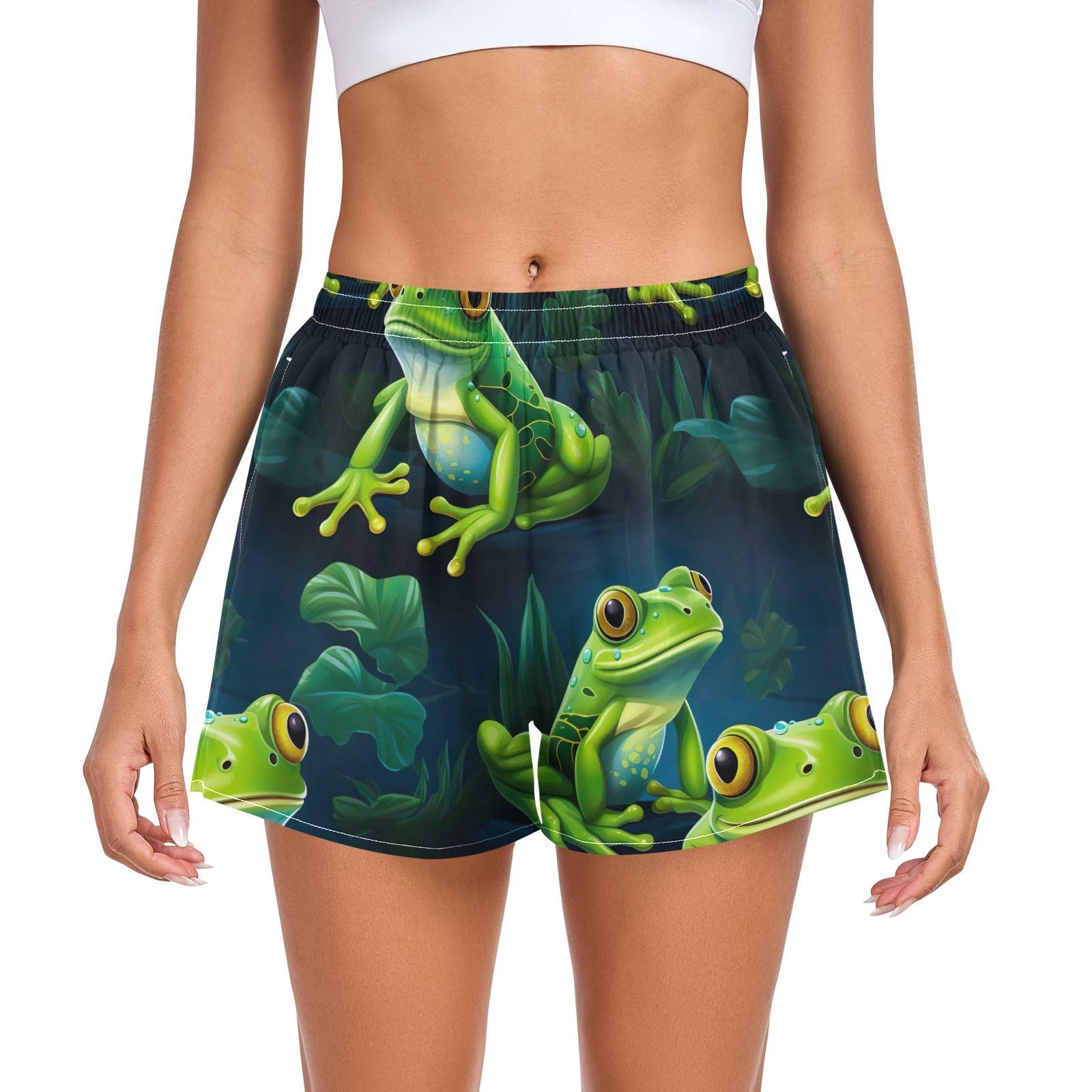 UMIRIKO Cute Green Frog Women's Running Shorts with Pockets Sporty Workout Quick Dry Athletic Shorts L 202a5170