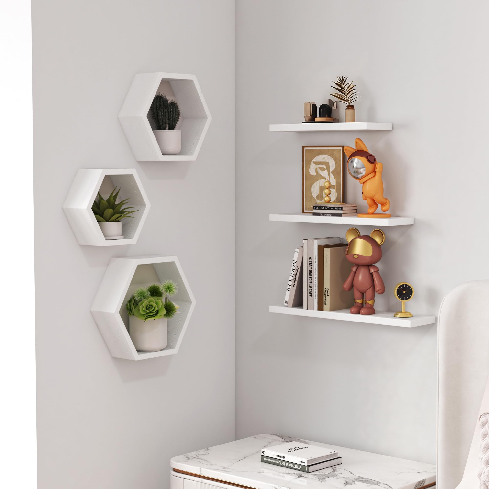 Weiße Sechseckige Schwebende Holz-Wandregale, 6er-Set Massivholz Hängeregal zur Dekoration & Aufbewahrung, Modernes Wabenregal für Wohnzimmer, Schlafzimmer, Badezimmer, Küche und Büro