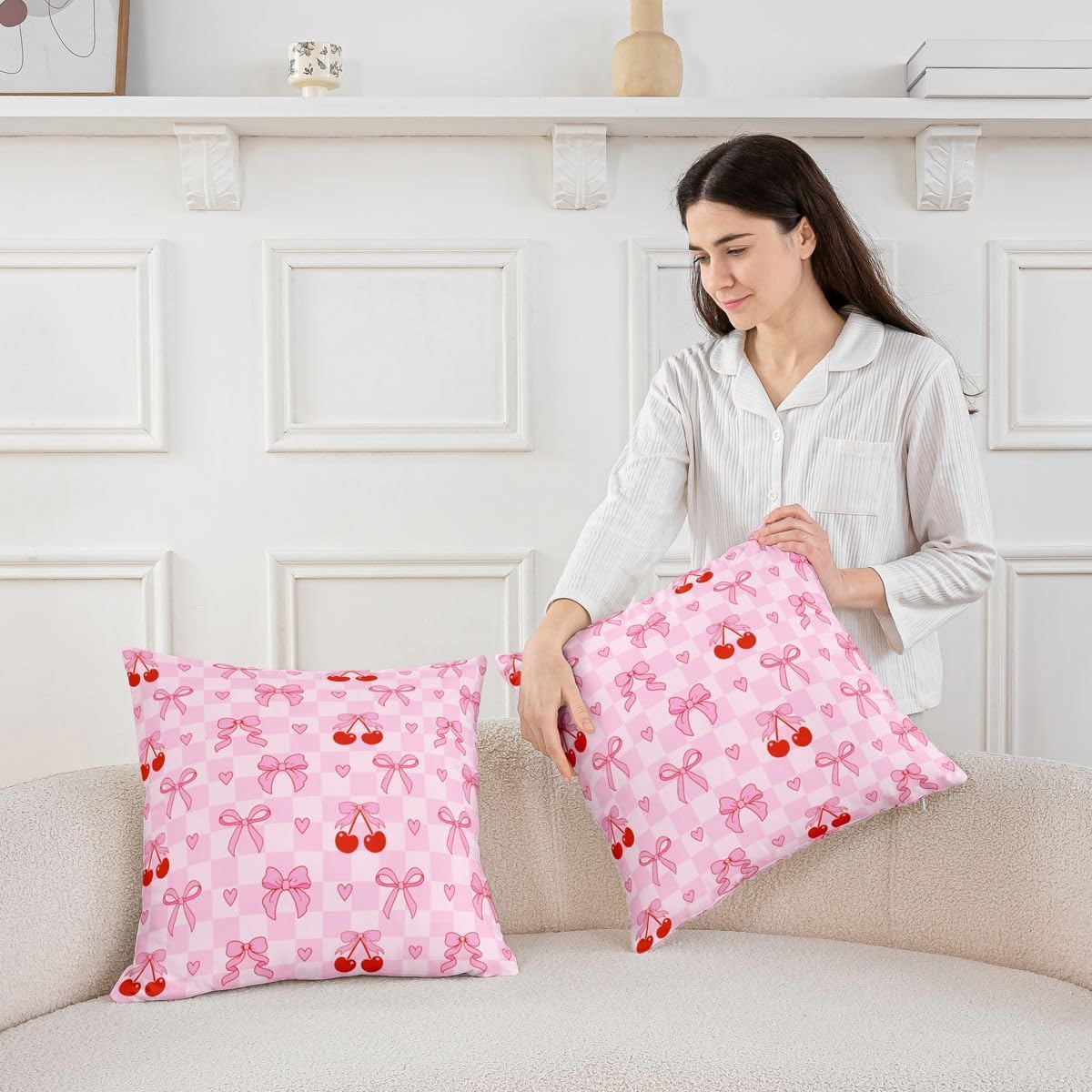 Feelyou Pink Cherry Bow Throw Pillow Covers Set of 2 Bowknot Cushion Covers Girls Princess Pillow Case for Couch Sofa Bow Tie Cushion Case Kids Boys Girls Bedroom Decor 24 x 24-Inch image 4