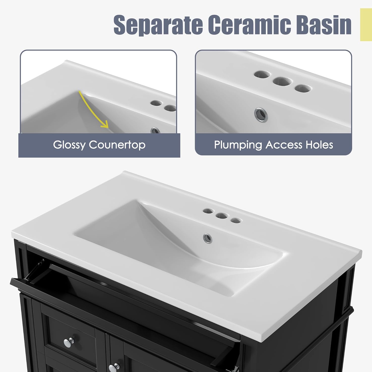 Virubi 30" Bathroom Vanity with Ceramic Sink, Modern Freestanding Storage Cabinet with 1 Door, 2 Drawers & Tip-Out Drawer, Solid Wood Frame