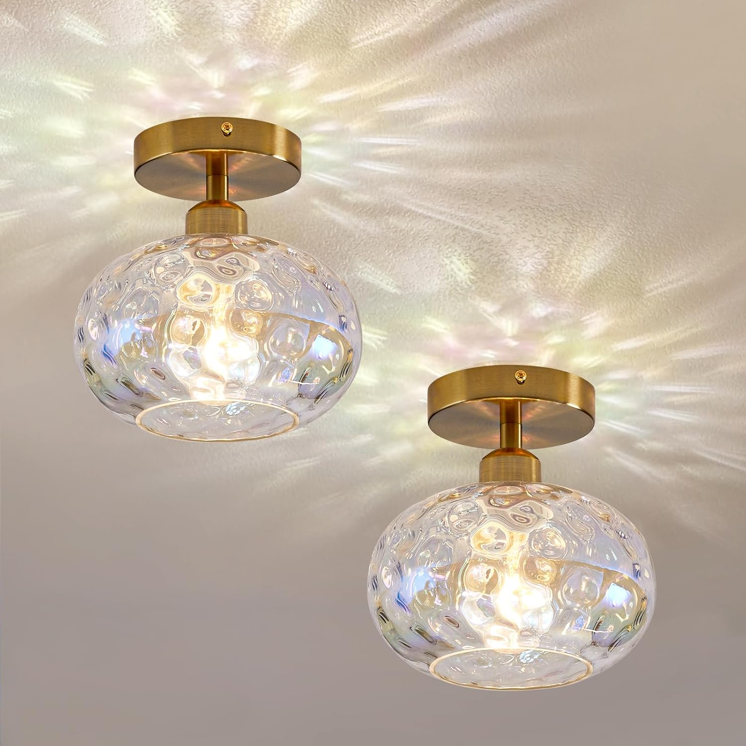 Vintage Glass Flush Mount Ceiling Light - 2 Pack，7.9 Inch Rainbow Hammered Glass Hallway Light fixtures Ceiling, Gold Semi Flush Mount Ceiling Light for entryway Foyer Laundry Room Kitchen