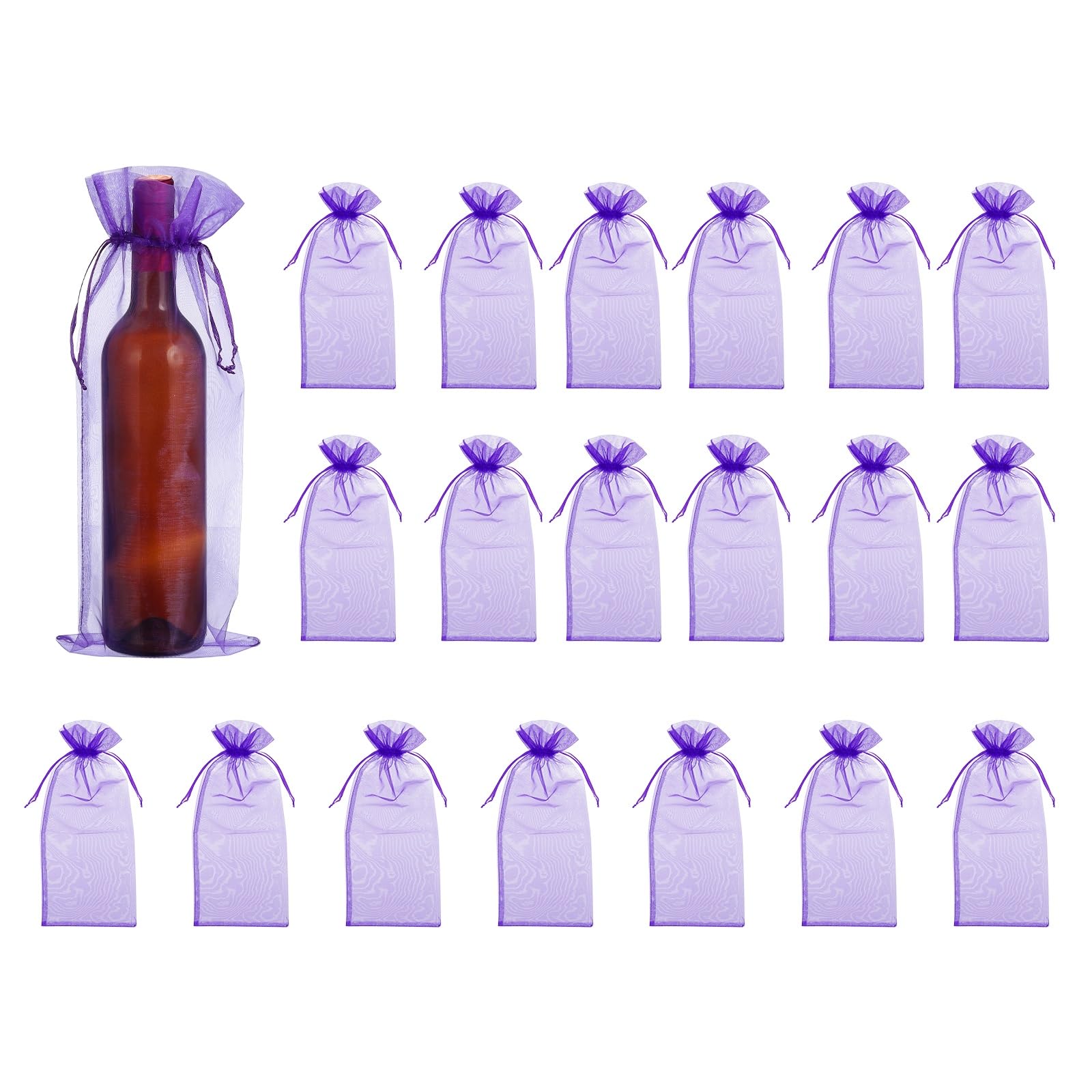 sourcing map 14.5 x 5.5 Inch Organza Wine Bags, 20Pcs Drawstring Organza Bottle Gift Bags Sheer Wine Wrapping Bag for Bottle Wrap Birthday Christmas Wedding Party Favors, Dark Purple