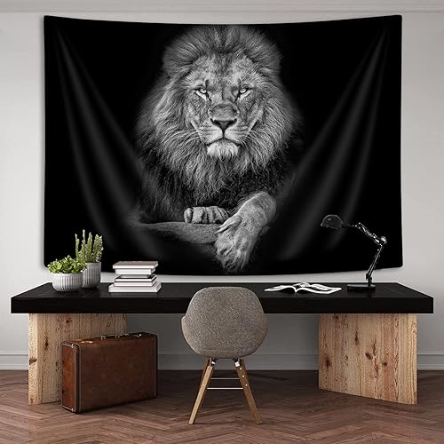Miniatura 4 de PAOPOED Tapiz de león para colgar en la pared, diseño de animales salvajes africanos en blanco y negro, decoración de fondo negro, para hombres,