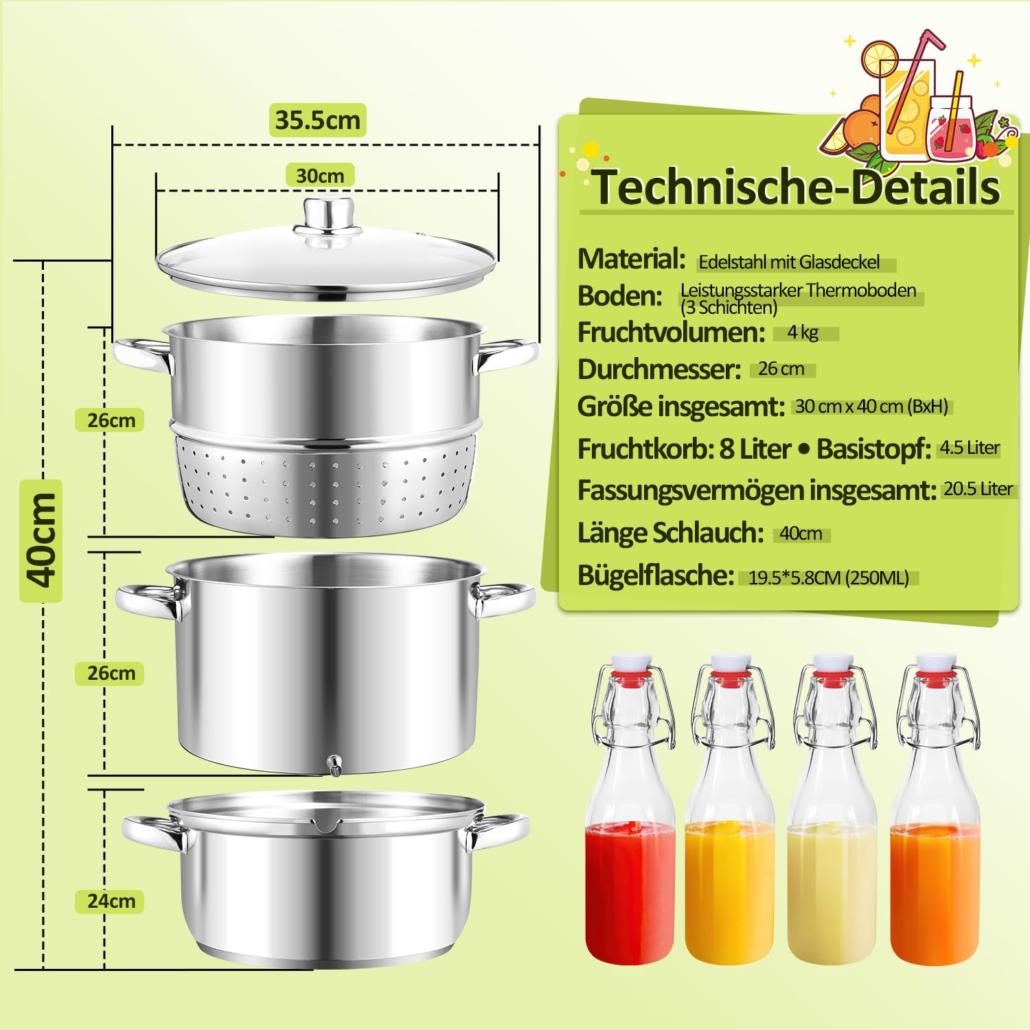 Extracteur de jus à vapeur, 16 l, diamètre : 26 cm, en acier inoxydable, avec 4 bouteilles à étrier, convient à tous les types de feux, extracteur de jus de fruits et légumes, passe au