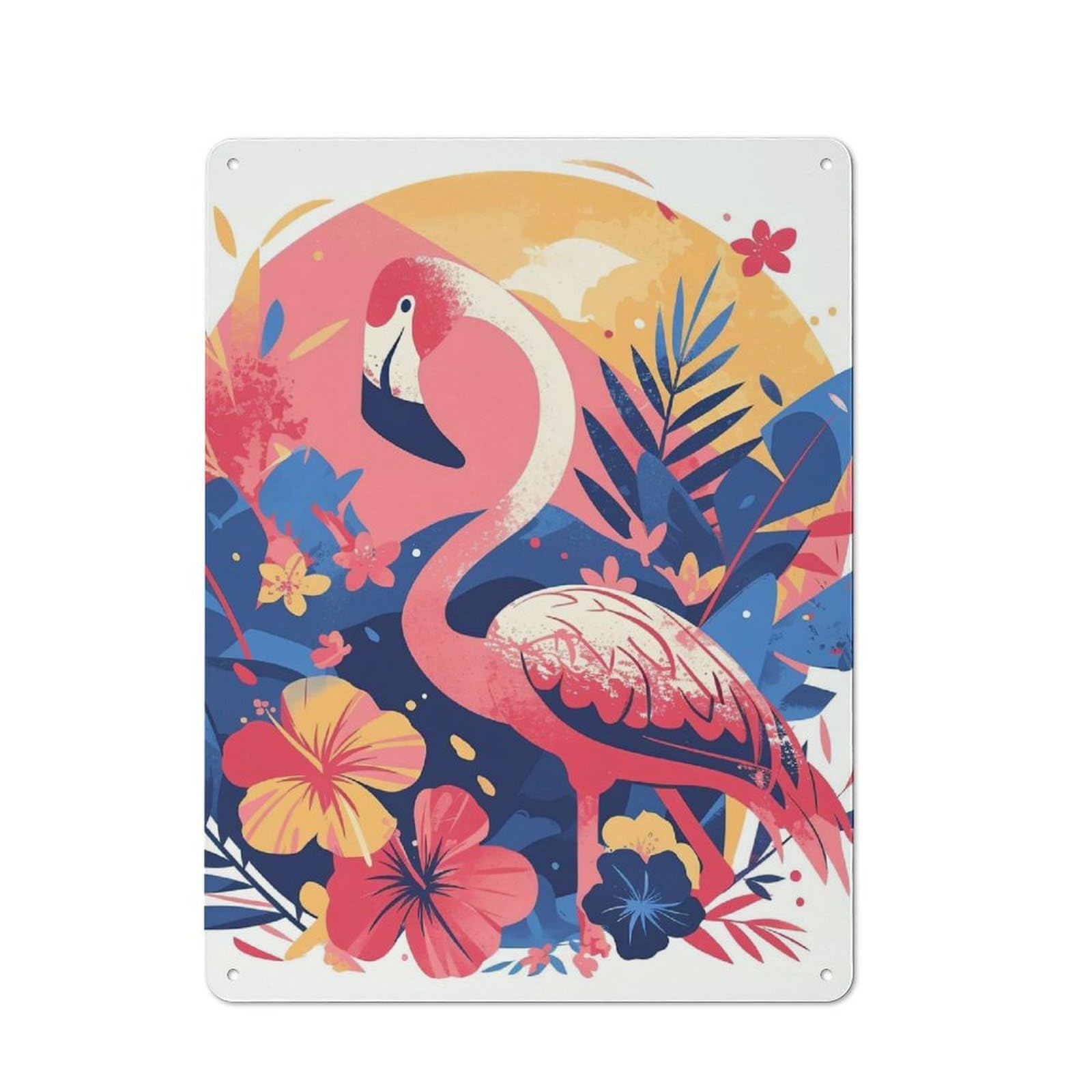 Vintage Tin Sign with Stylized Flamingo with Tropical Floral Background Design 40x30cm, Nostalgic Nostalgic Wall Art for Living Room, Hallway, Kitchen Or Cafe