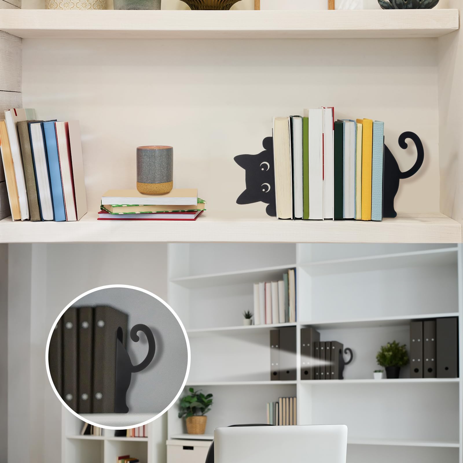Fermalibri in Metallo Hidden Cat Nero, Fermalibri Decorativi Antiscivolo a Forma di Gatto per Libreria