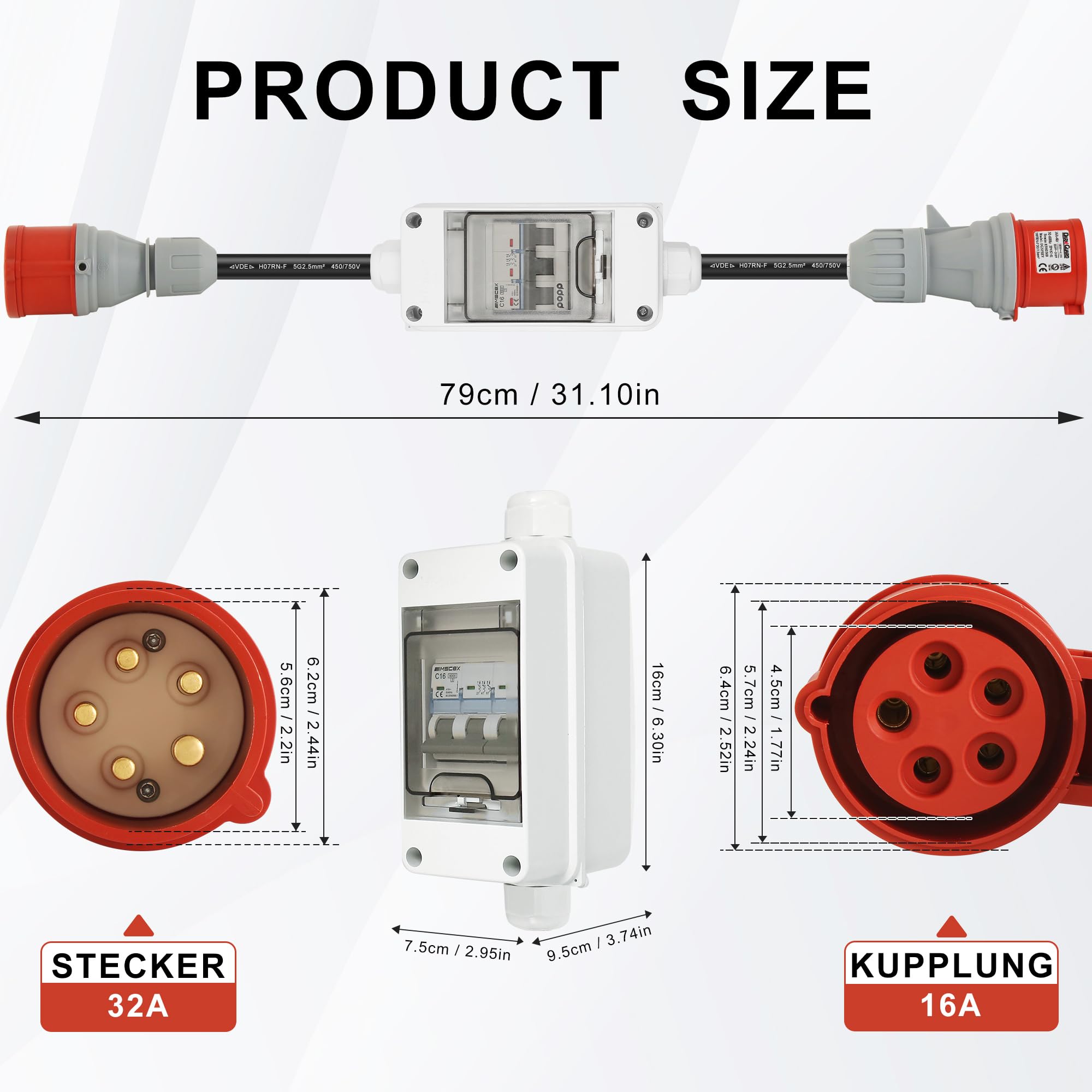 5 Pin CEE Adattatore 32A a 16A per Veicoli Elettrici Caricatore EV con Interruttore Automatico per Sovraccarico Cortocircuito Protezione, 79cm Cavo H07RN-F 5G 2.5mm² Semko EN60309