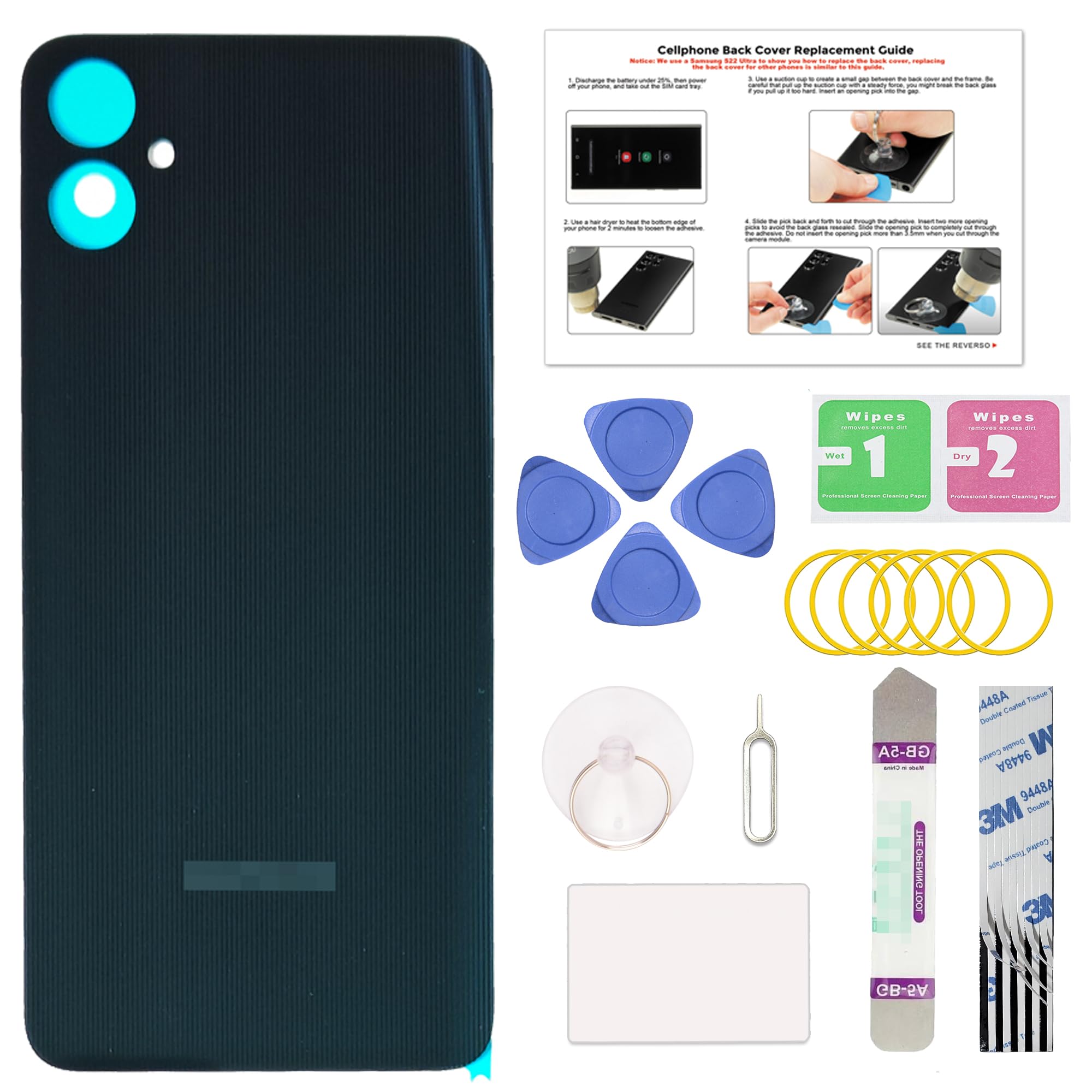 GREEN FUSION Compatible with Galaxy A05 Back Cover Replacement, A05 SM-A055F Back Glass Door with Repair Tools & Instruction, Black