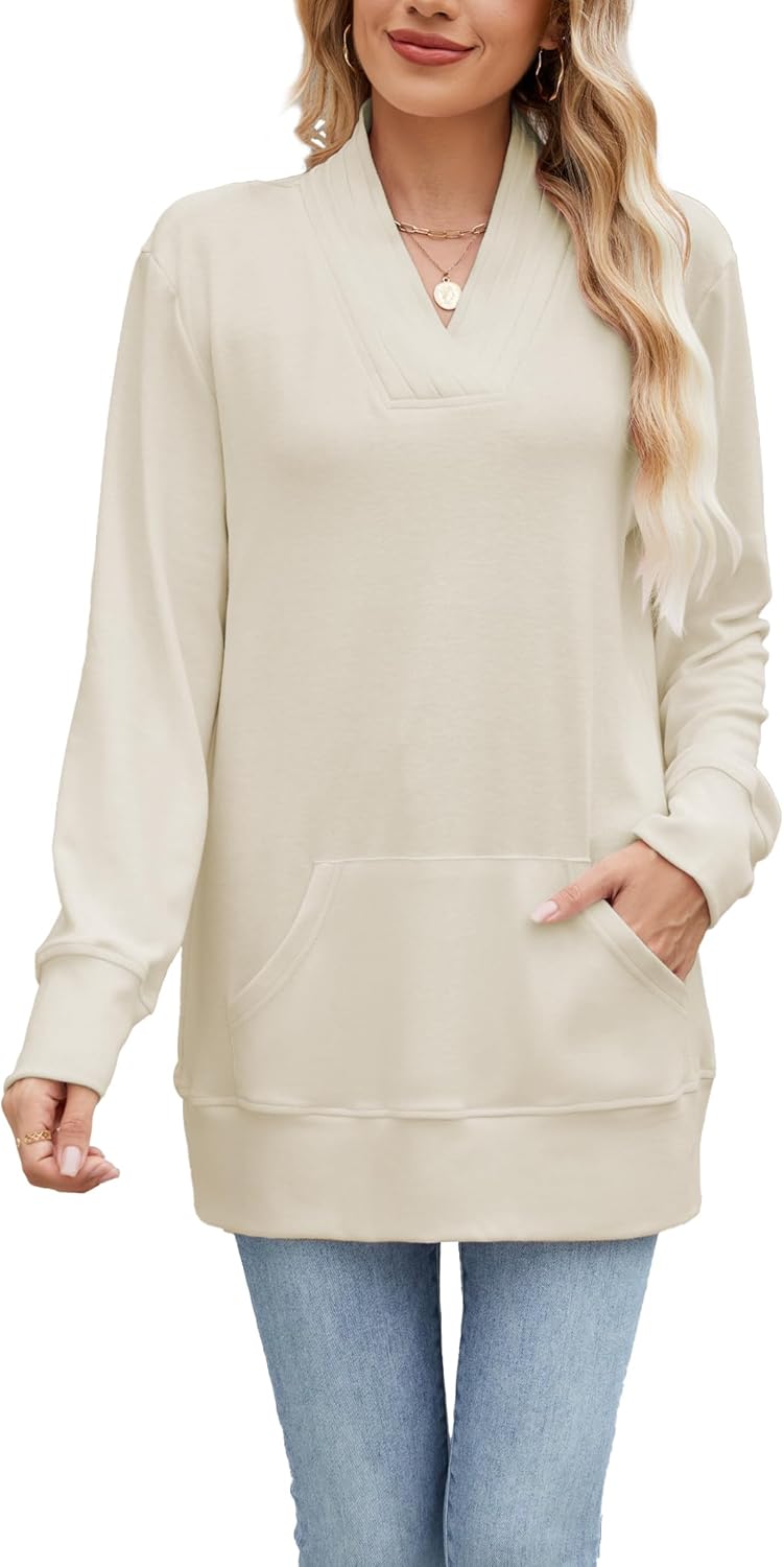 Famulily Womens Long Sleeve Pleated V Neck Sweatshirts Casual Loose Tunic Tops with Kangaroo Pocket